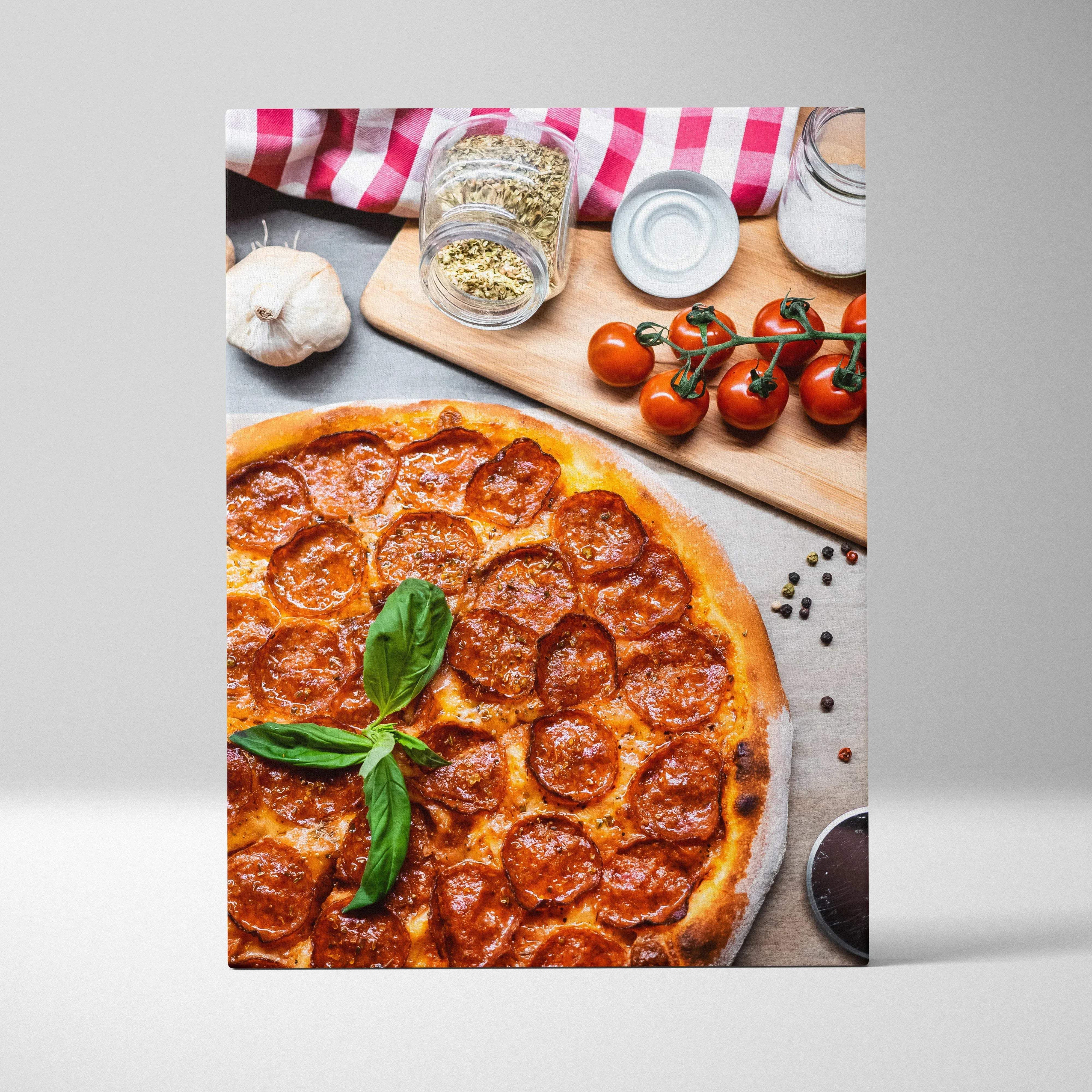 Pepperoni pizza close up canvas wall art with golden crust and fresh basil in warm cozy colors for kitchen decor