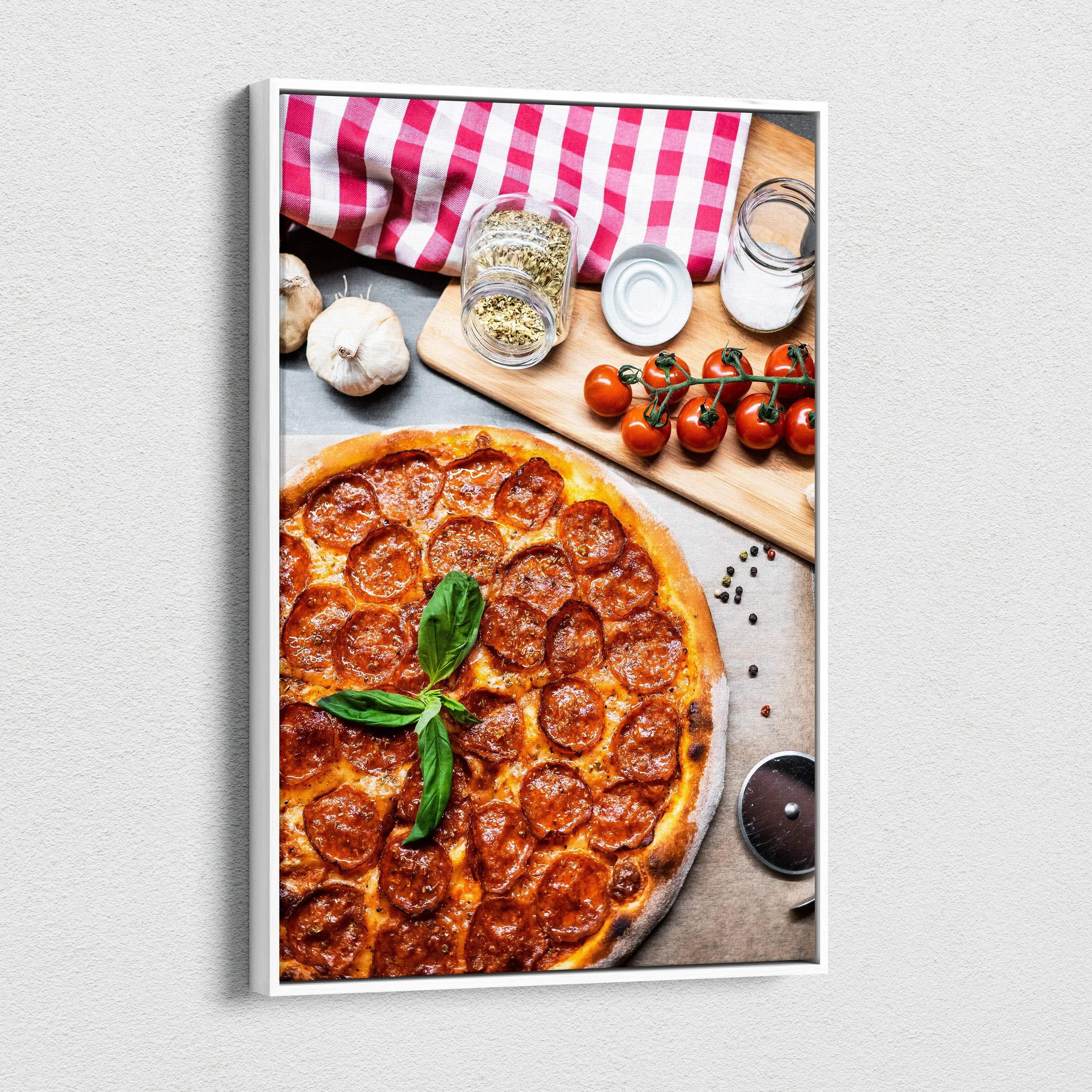 Vertical canvas wall art featuring a pepperoni pizza with basil and kitchen ingredients decor.