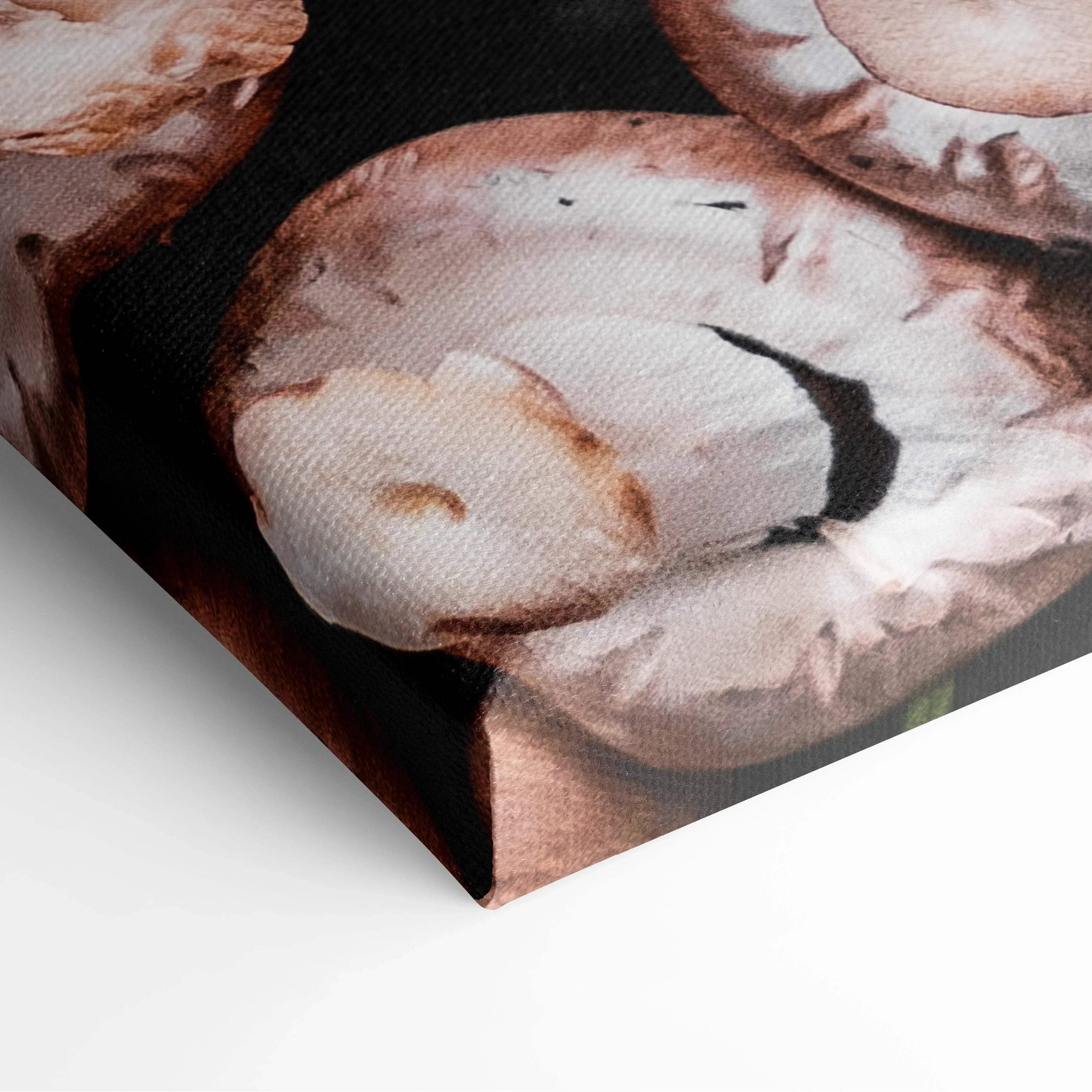 Canvas wall art featuring a close-up of sliced mushrooms in warm brown and beige tones for kitchen decor.