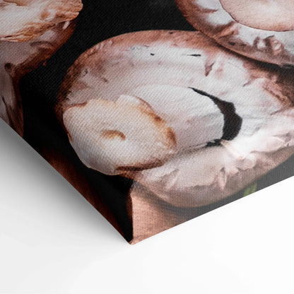 Canvas wall art featuring a close-up of sliced mushrooms in warm brown and beige tones for kitchen decor.
