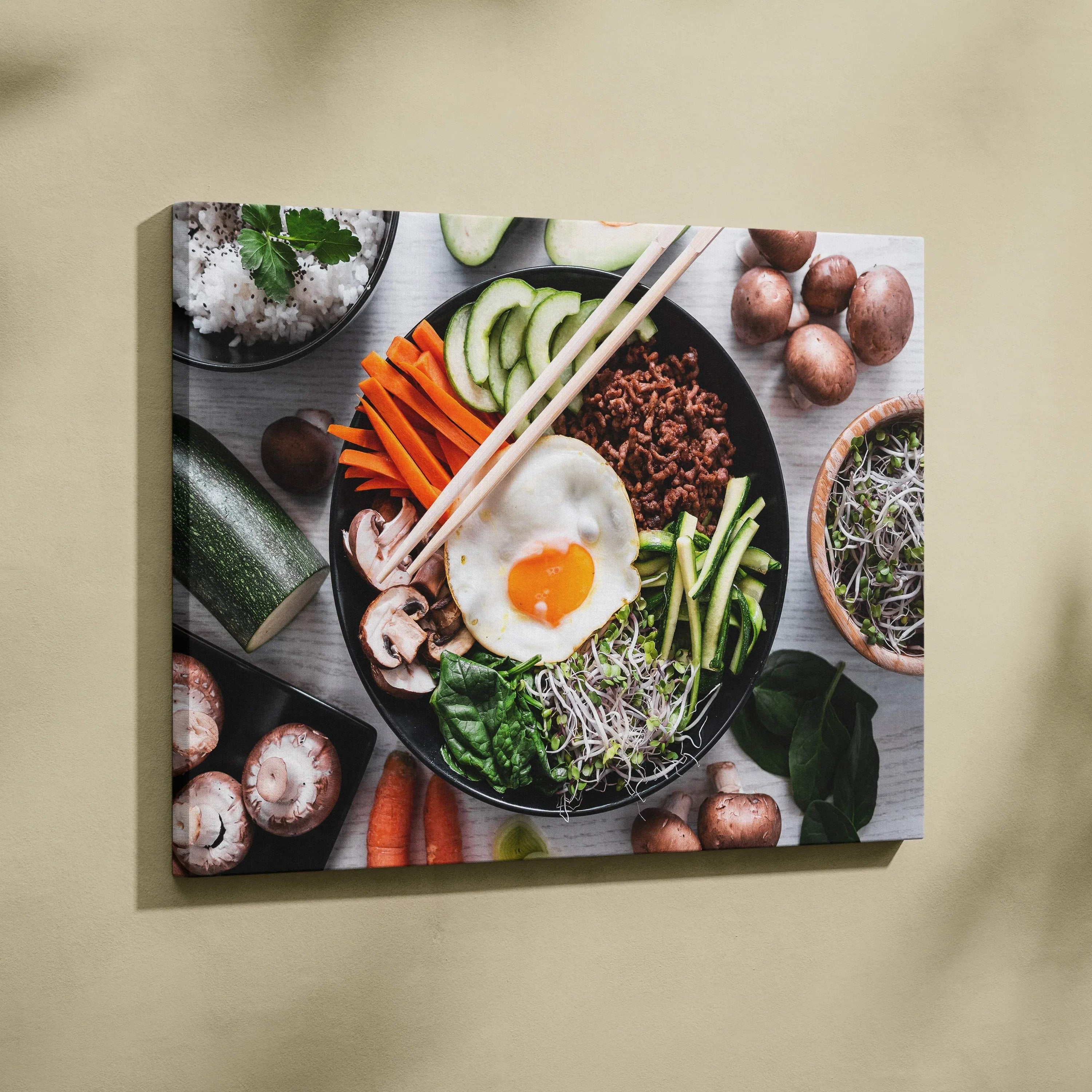 Canvas wall art featuring a vibrant bowl of fresh vegetables and egg, kitchen decor.