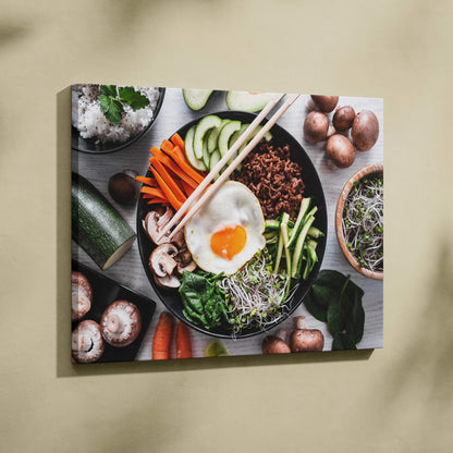 Canvas wall art featuring a vibrant bowl of fresh vegetables and egg, kitchen decor.