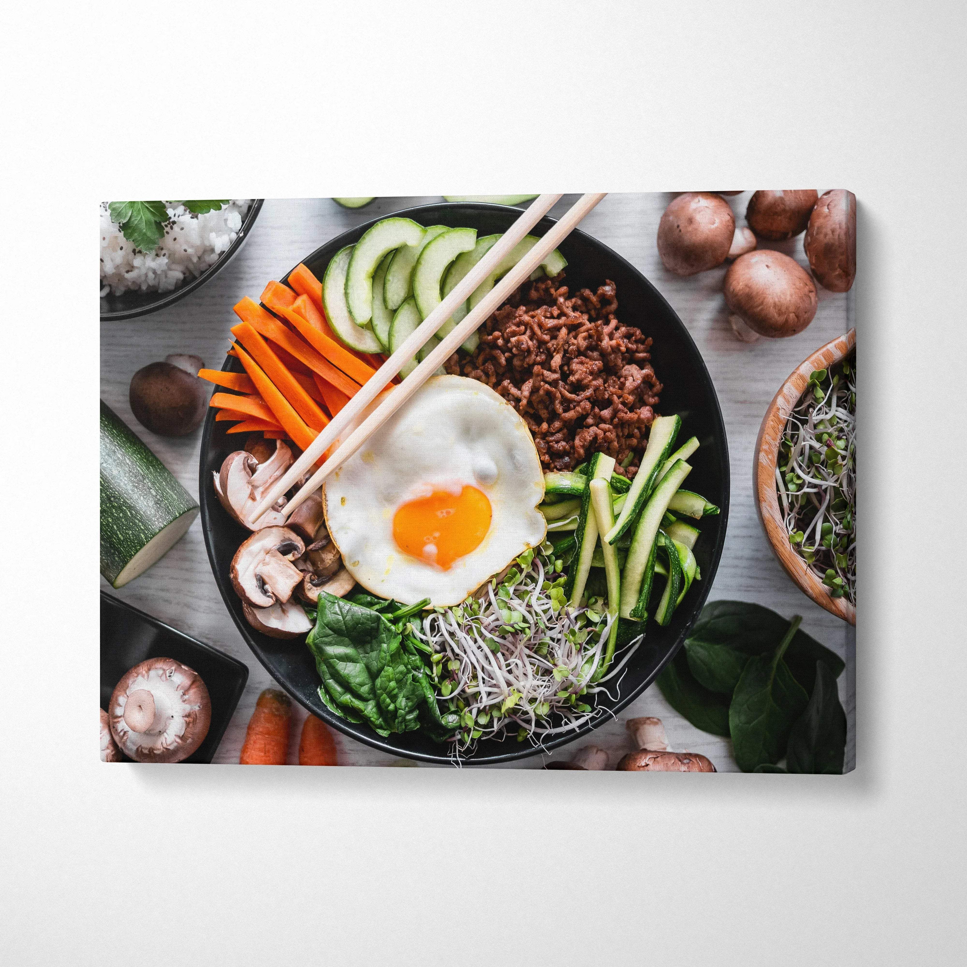 Canvas wall art featuring vibrant fresh bowl of food with vegetables and egg, kitchen decor.