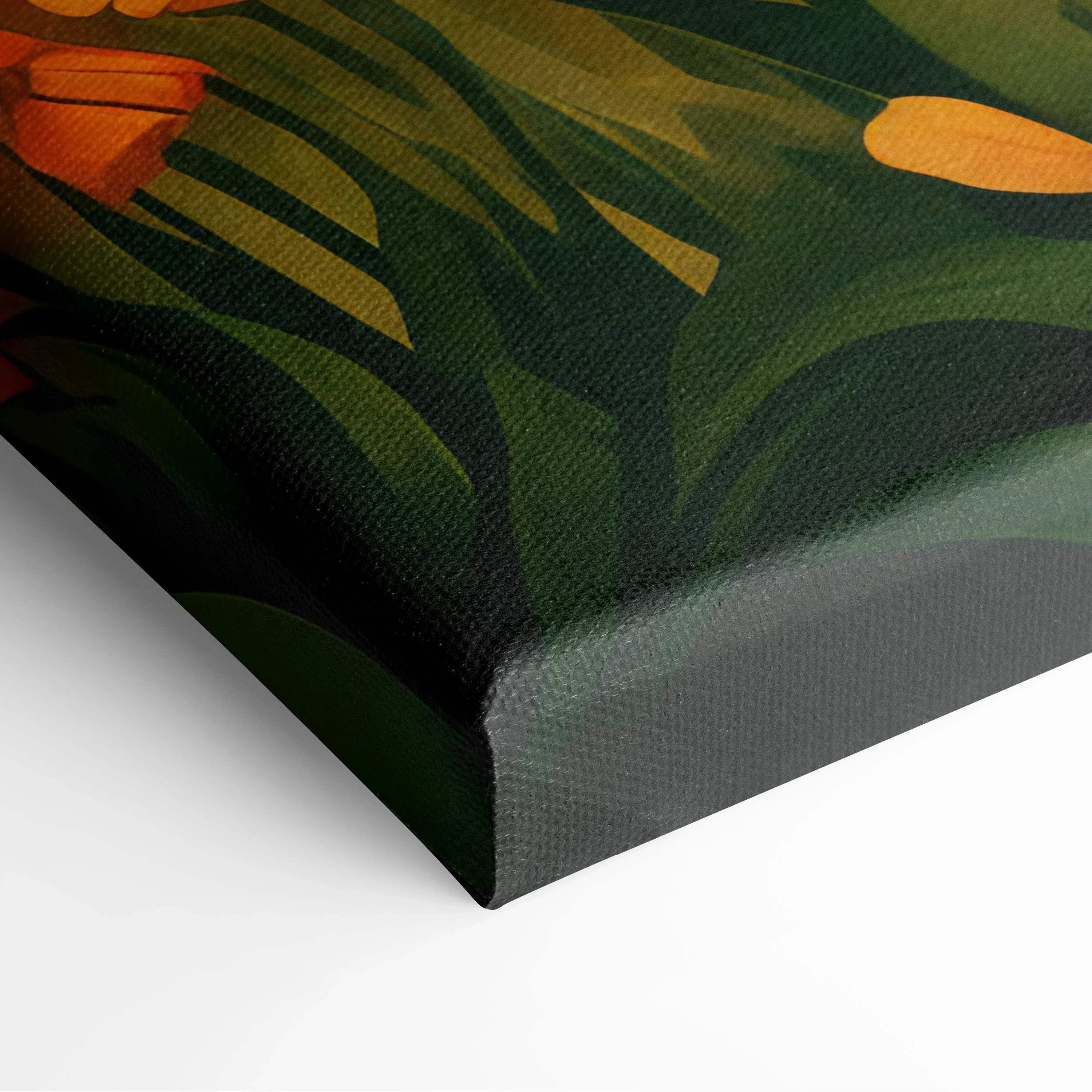 Close-up of stretched canvas wall art with dark green leaves and orange floral design on textured surface.