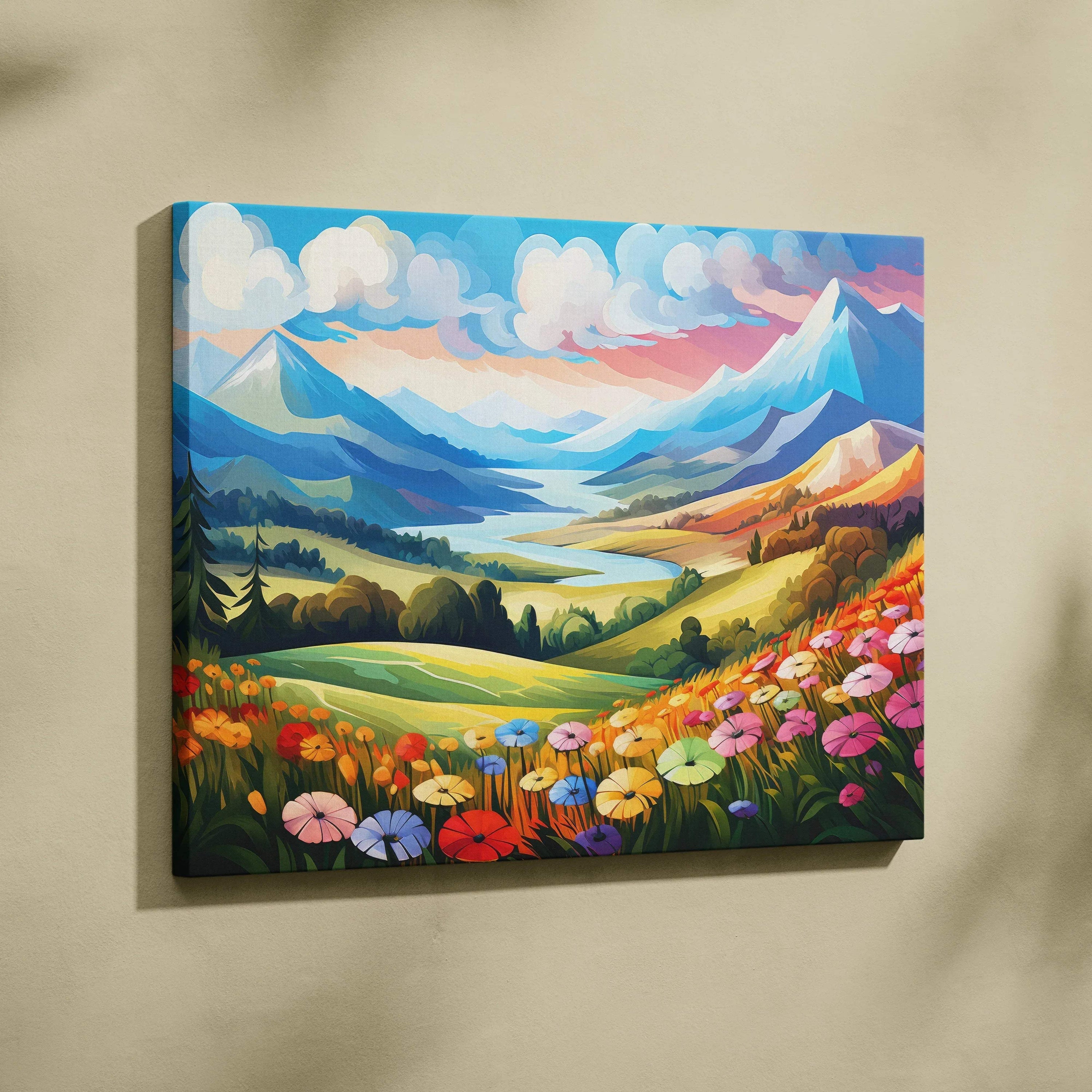 Colorful floral and mountain landscape canvas wall art with sunset glow decor.