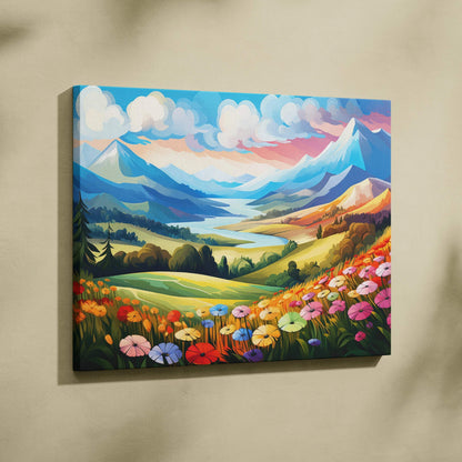 Colorful floral and mountain landscape canvas wall art with sunset glow decor.