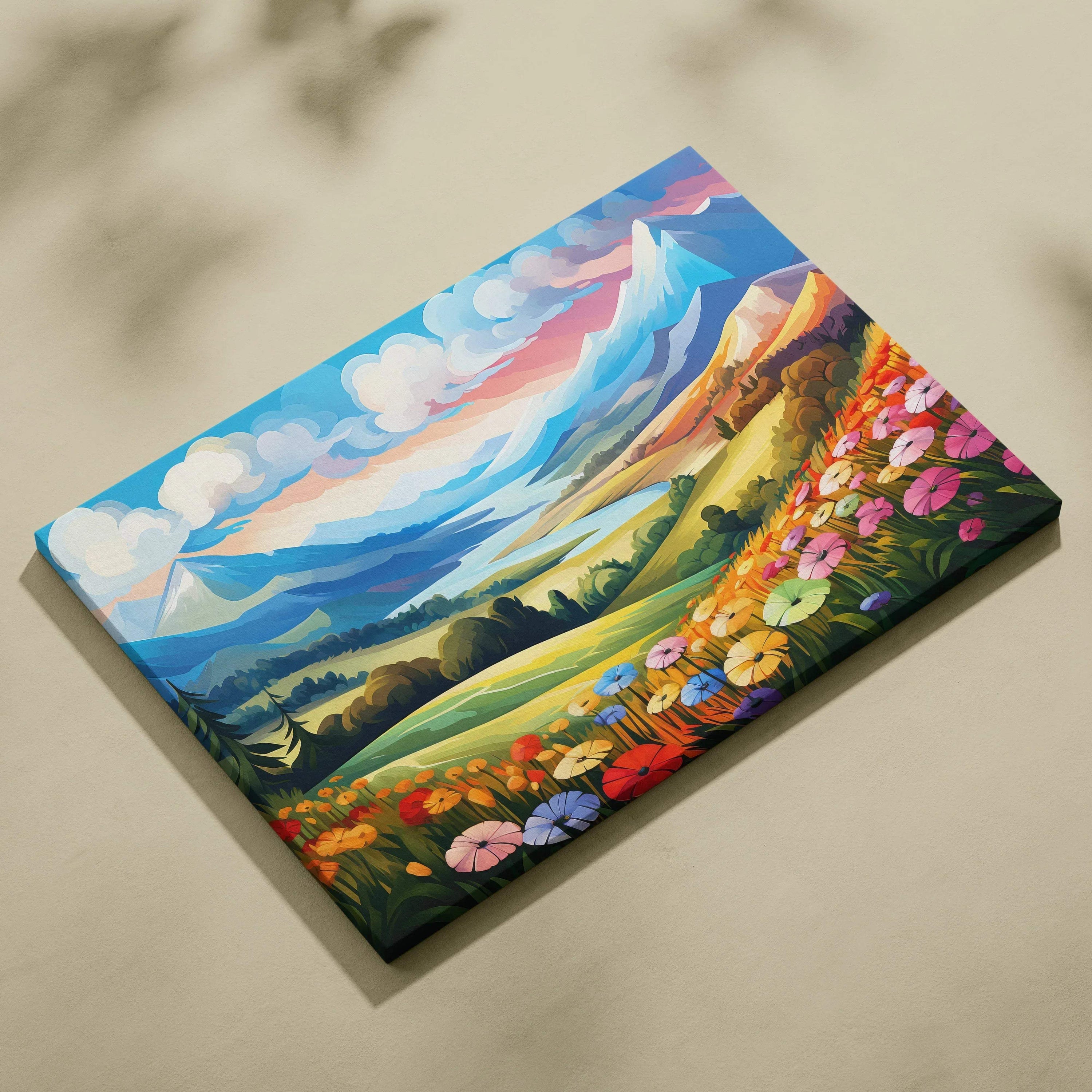 Floral mountain landscape canvas wall art with sunset glow and vibrant wildflowers decor.