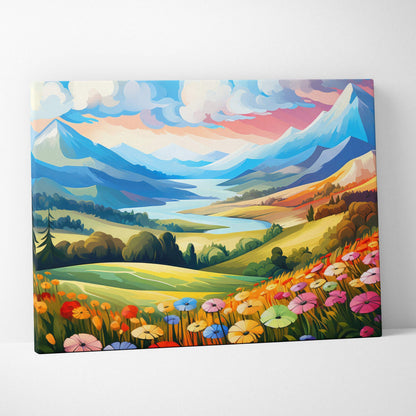 Colorful floral landscape canvas wall art with mountains and sunset glow decor.