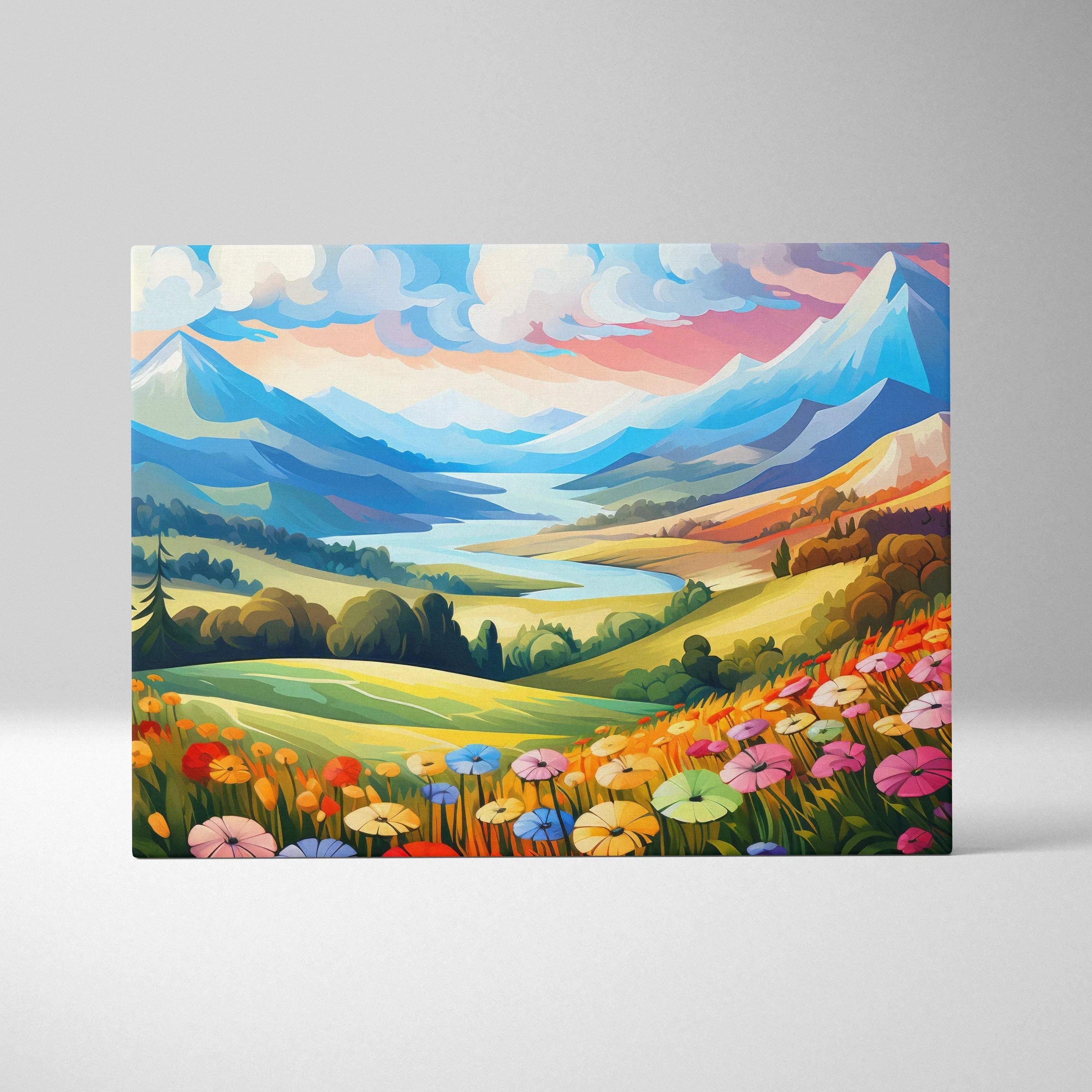 Vibrant canvas wall art featuring colorful wildflowers in foreground, rolling green hills, blue mountains, and a glowing.