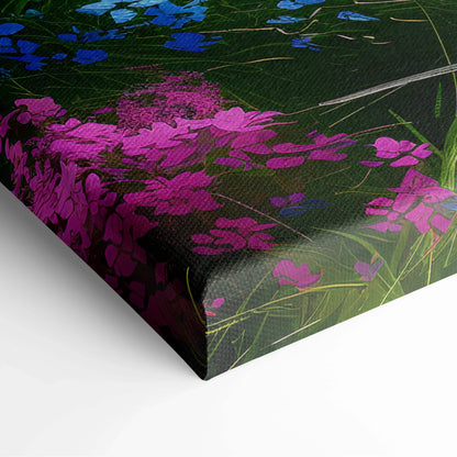 Floral canvas wall art print with vibrant purple flowers and green foliage on a textured surface.