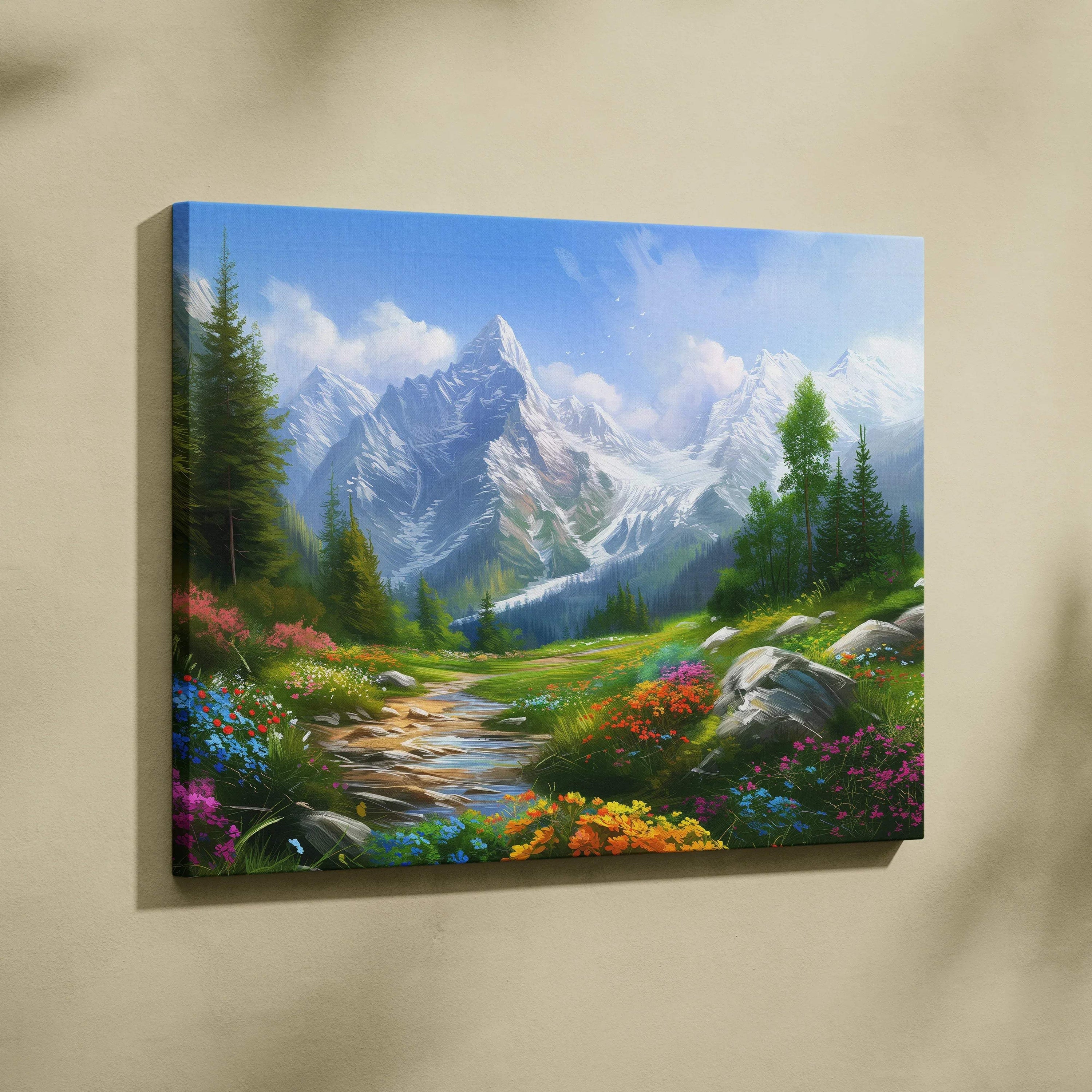 Floral mountain landscape with colorful wildflowers and bright blue sky canvas wall art decor.