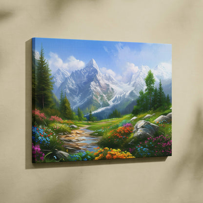Floral mountain landscape with colorful wildflowers and bright blue sky canvas wall art decor.