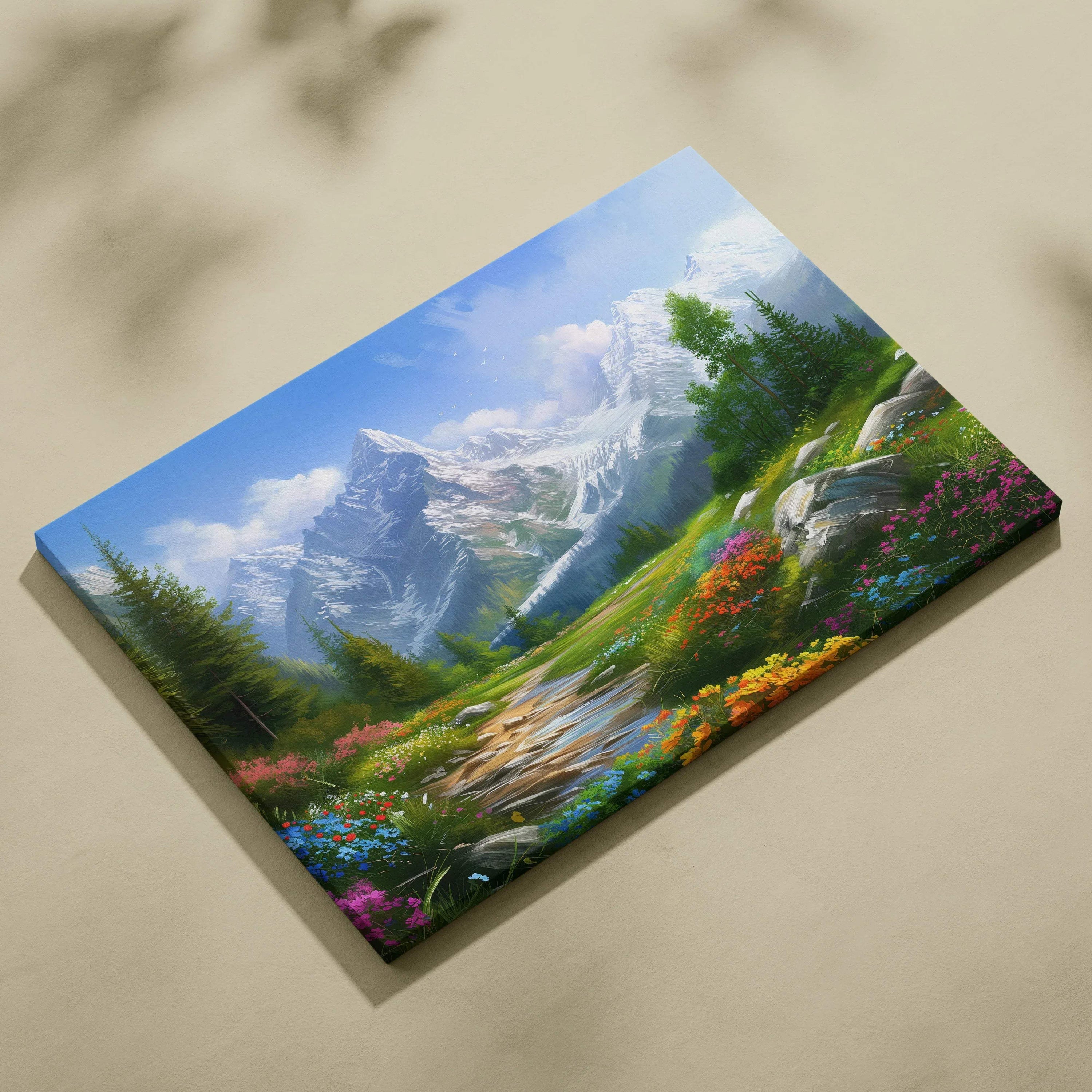 Canvas wall art featuring a vibrant mountain landscape with colorful wildflowers and a bright blue sky.