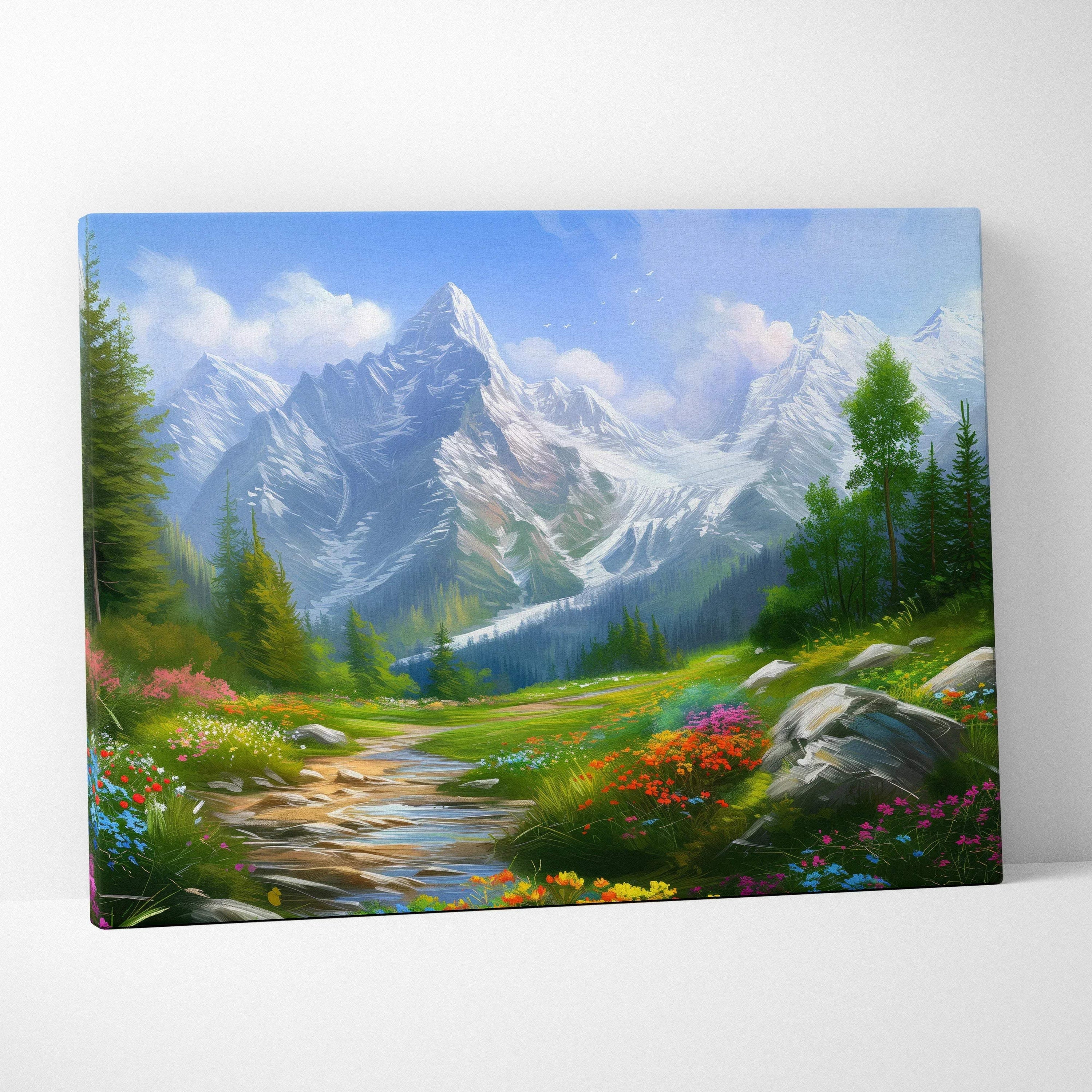 Canvas wall art featuring a vibrant floral meadow with a mountain sunset and clear blue sky decor.