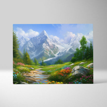 Bright floral meadow with evergreen trees and snow-capped mountains under a blue sky on canvas wall art.