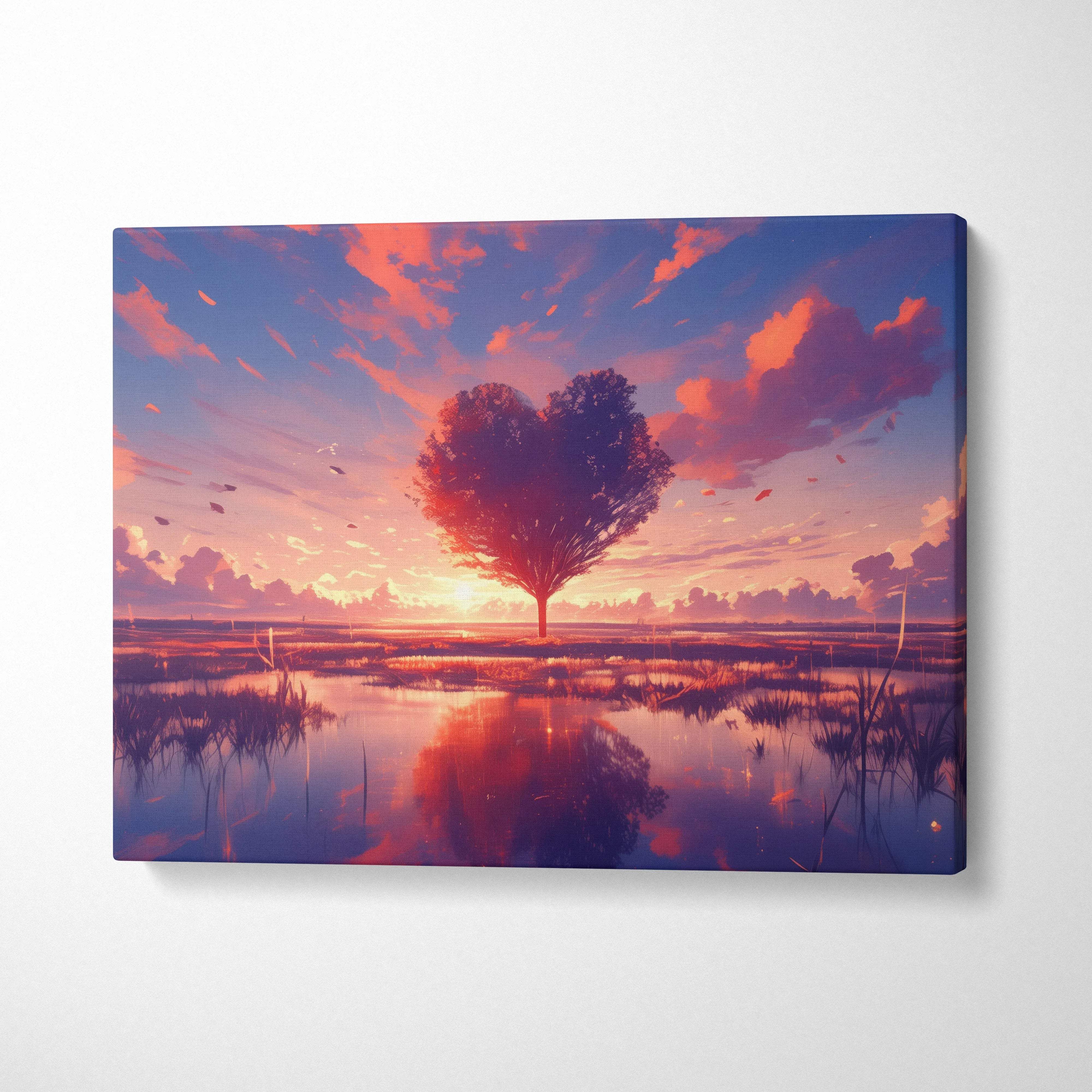 Romantic heart-shaped tree canvas wall art at sunset over marsh