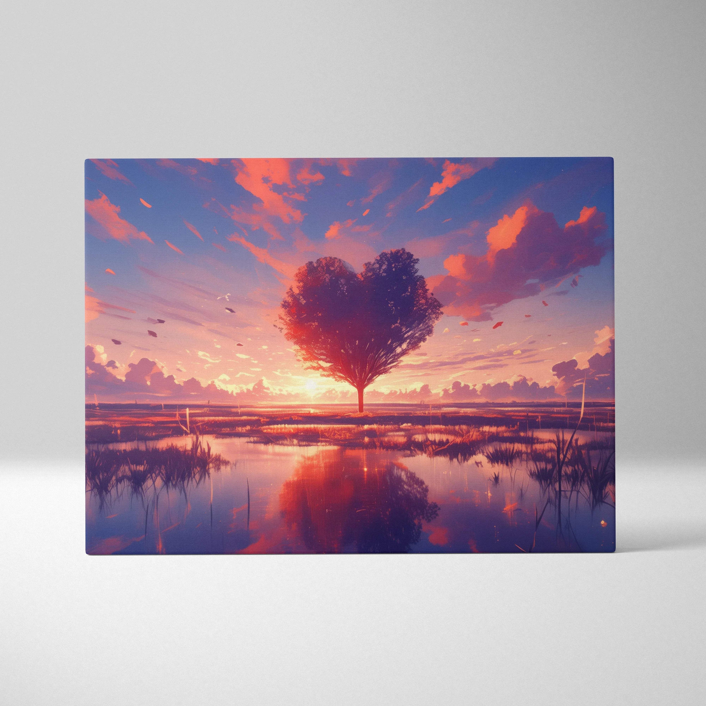 Canvas print of heart-shaped tree at sunset over marsh reflection