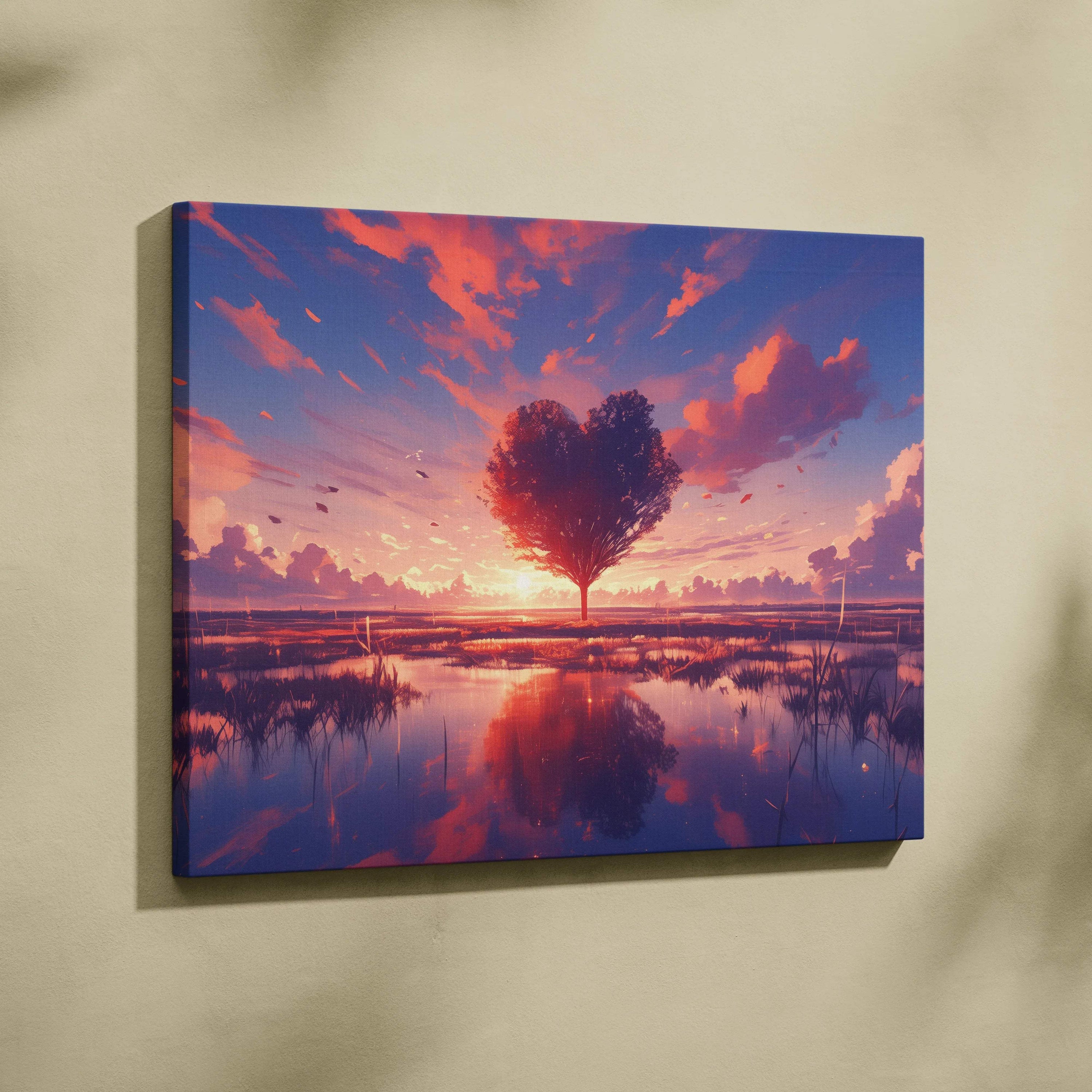 Heart-shaped tree canvas wall art in romantic sunset landscape over marsh