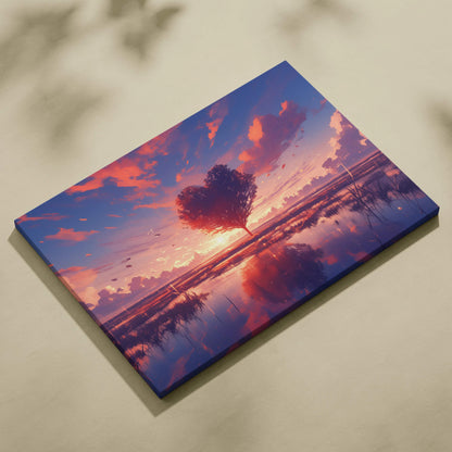 Canvas print of romantic heart-shaped tree silhouette at vibrant sunset over marsh