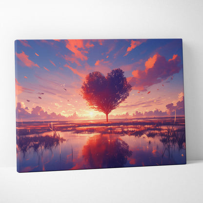 Romantic heart-shaped tree canvas wall art at sunset over marsh