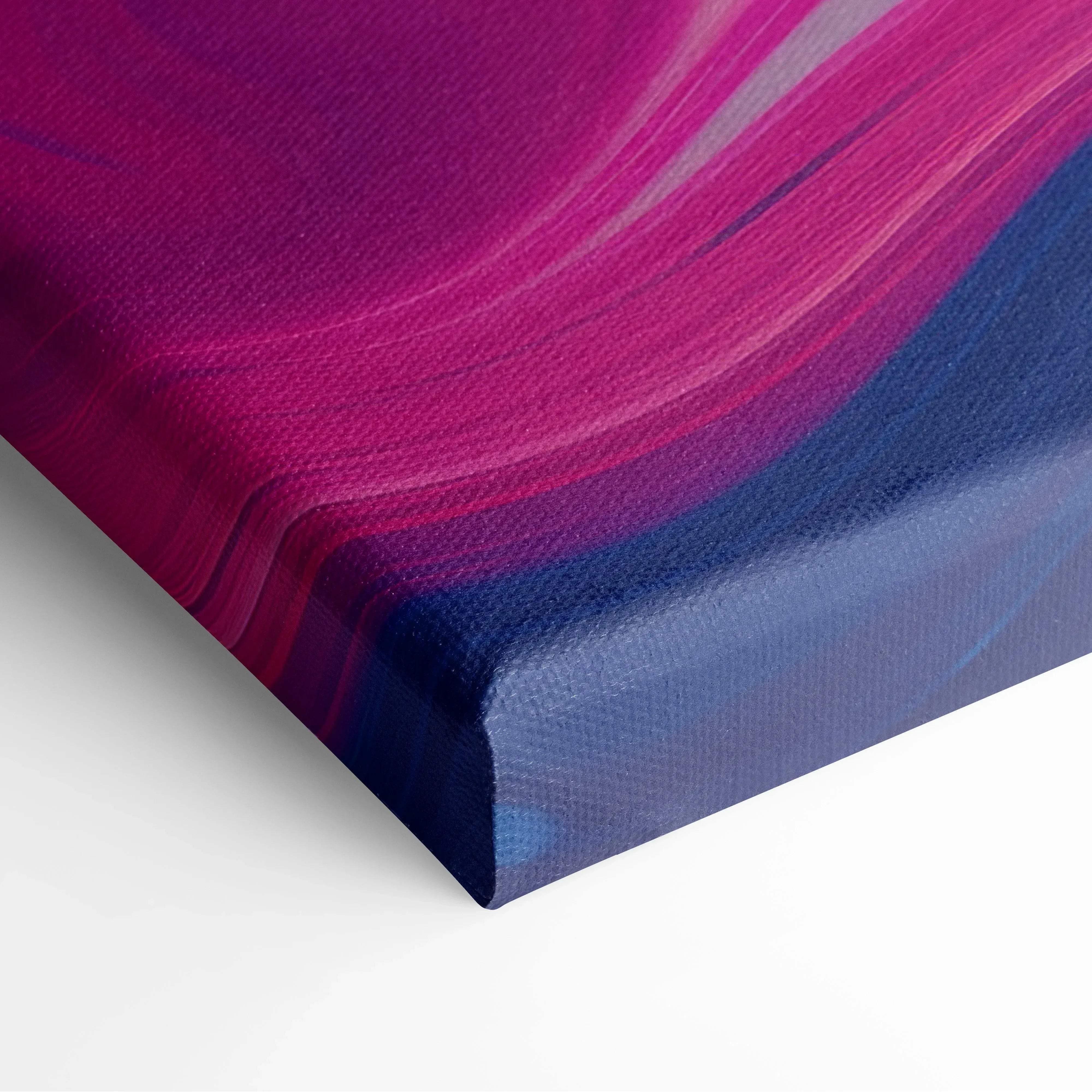 Vibrant abstract canvas wall art featuring bold magenta and deep blue swirls on textured linen with colorful patterns