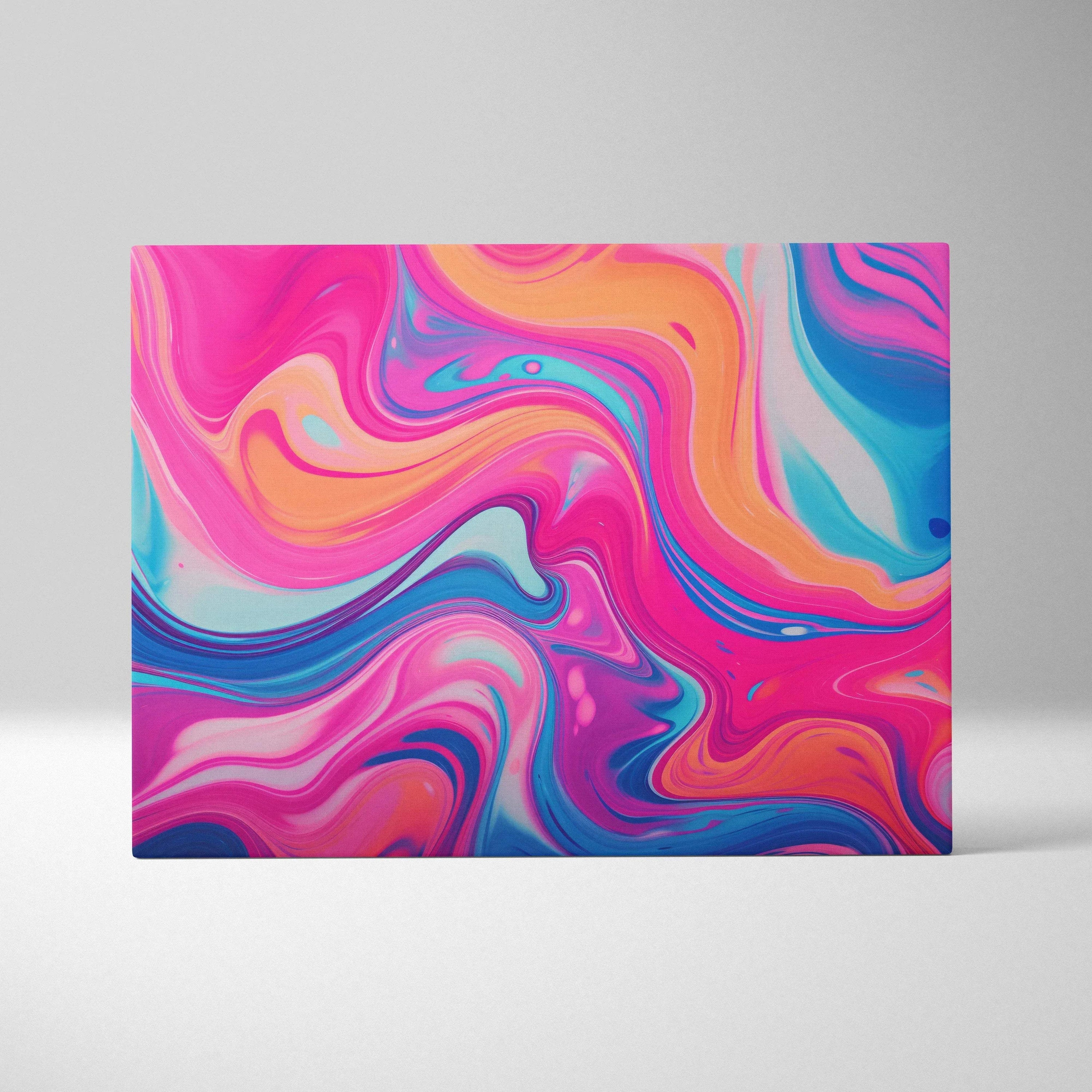 Bright abstract canvas art with swirling pink, orange, blue, and purple fluid shapes.