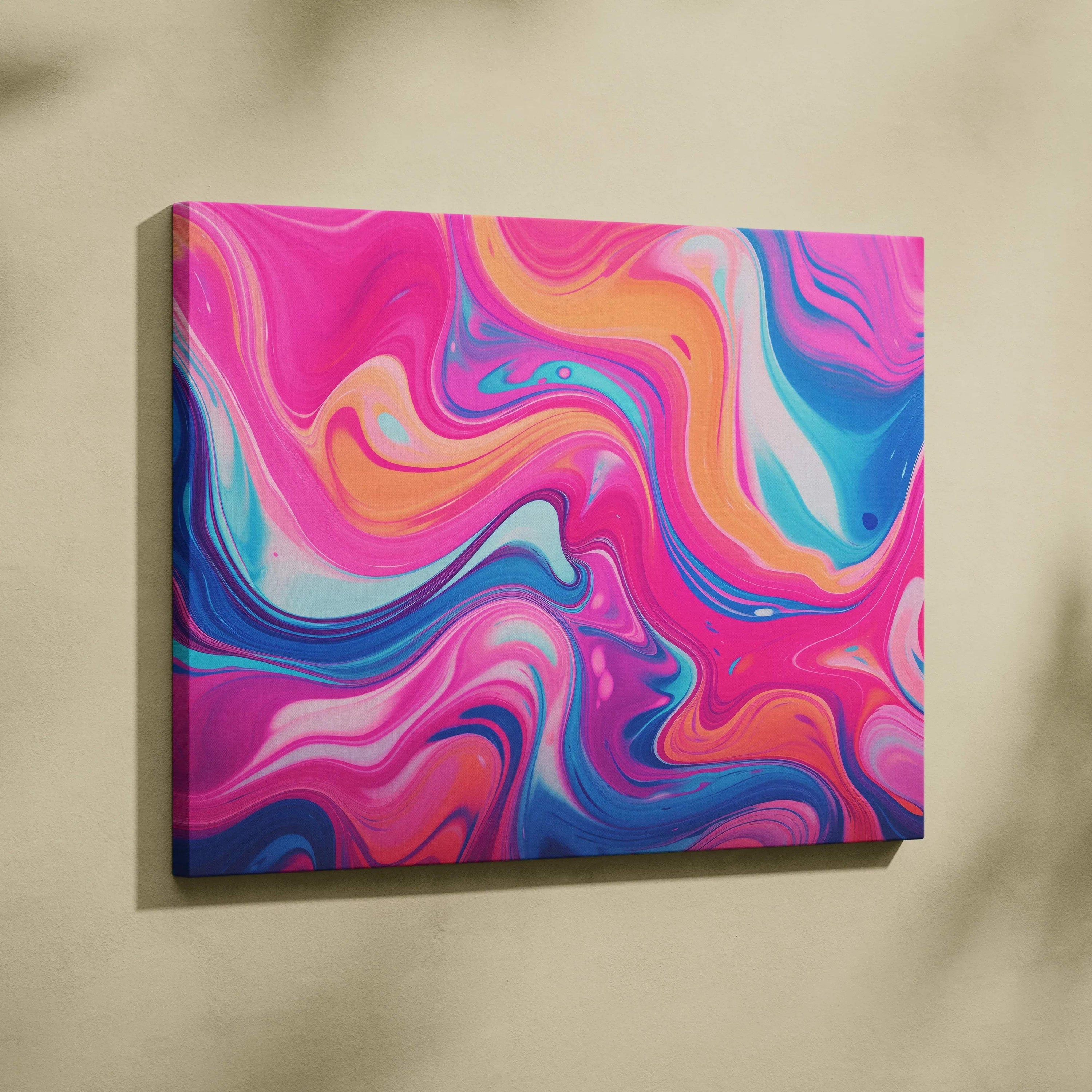 Abstract vibrant pink, orange, and blue swirling pattern on digital canvas art wall art.