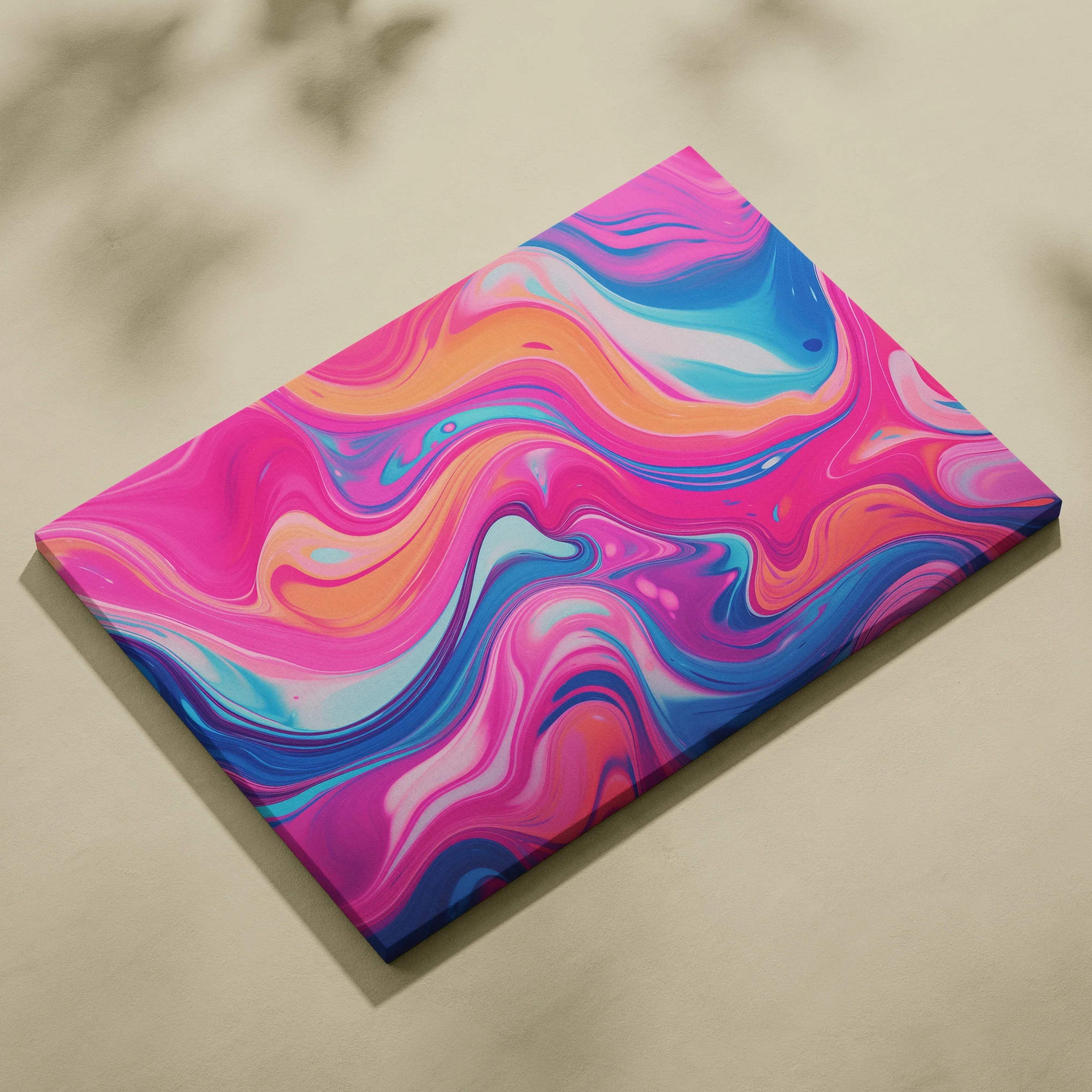 Abstract canvas art with vibrant swirling patterns in pink, blue, orange, and purple tones.