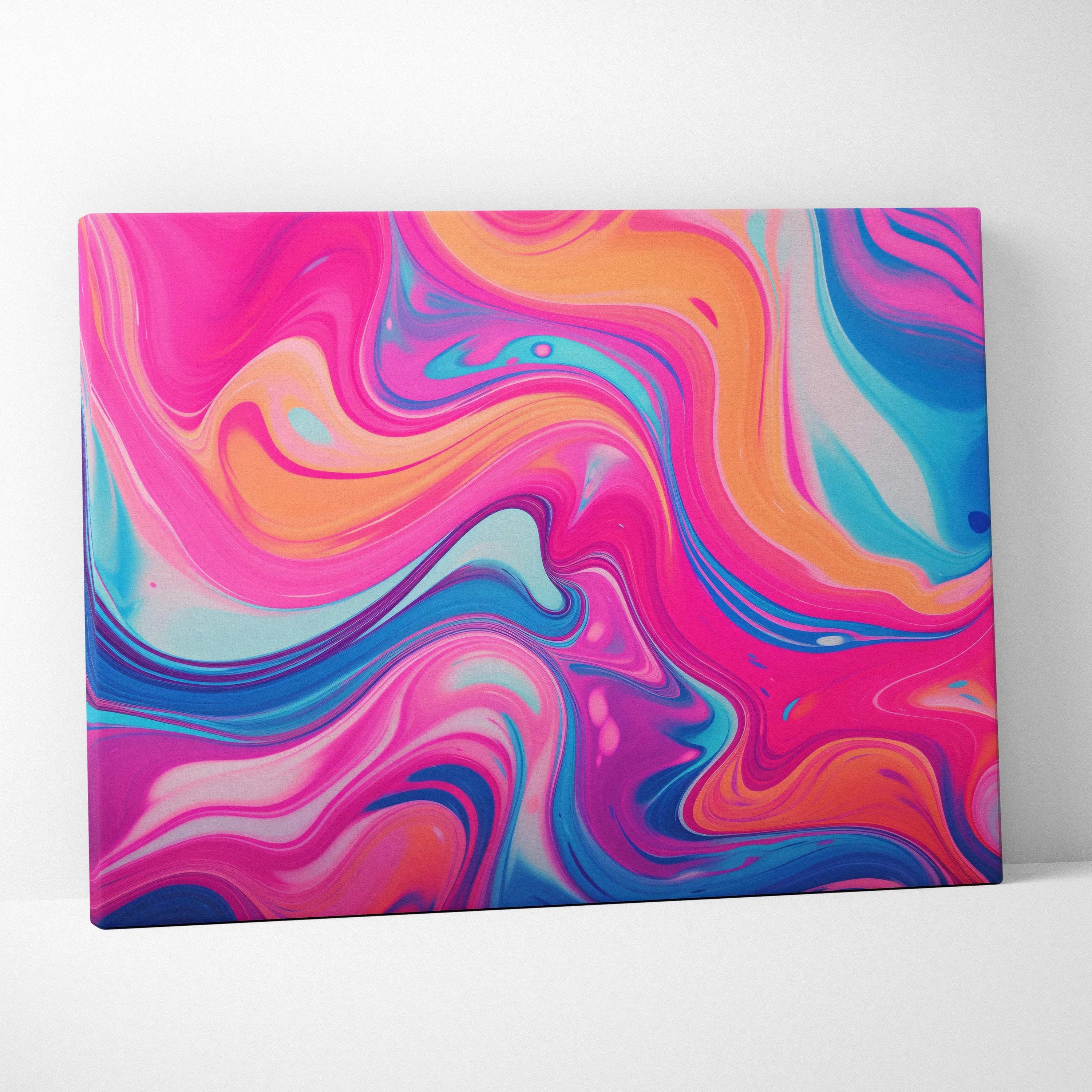 Abstract digital canvas art with vibrant swirling pink, orange, blue, and purple colors wall art.