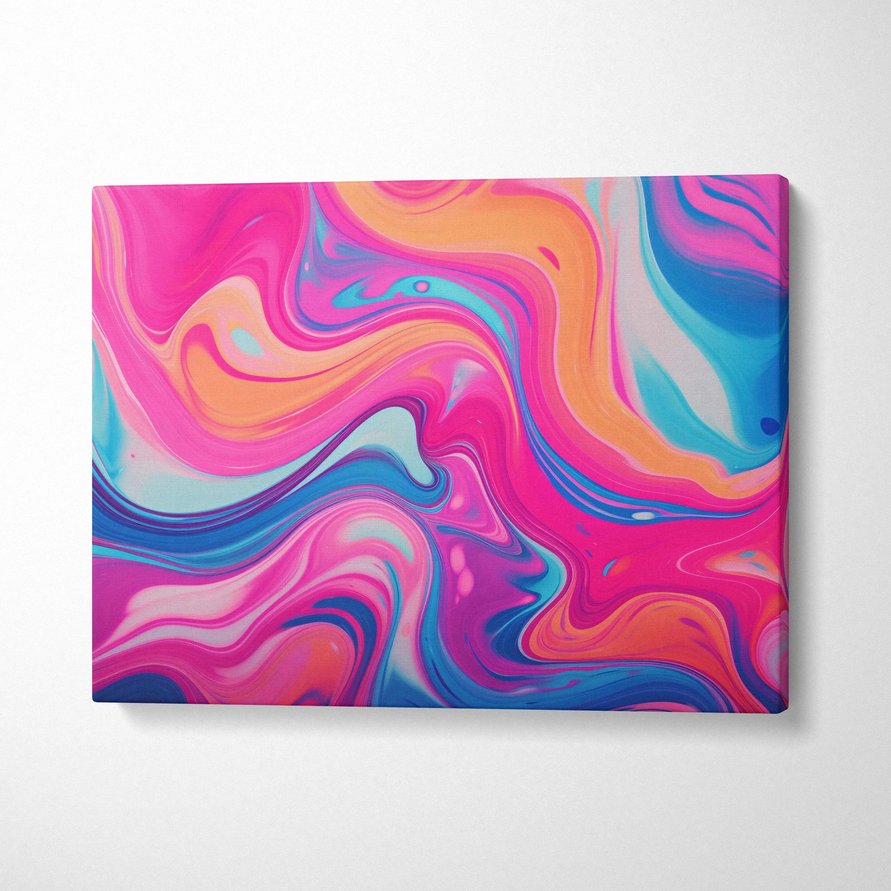 Abstract swirling pink, orange, blue, and purple digital art on a horizontal canvas wall art print.