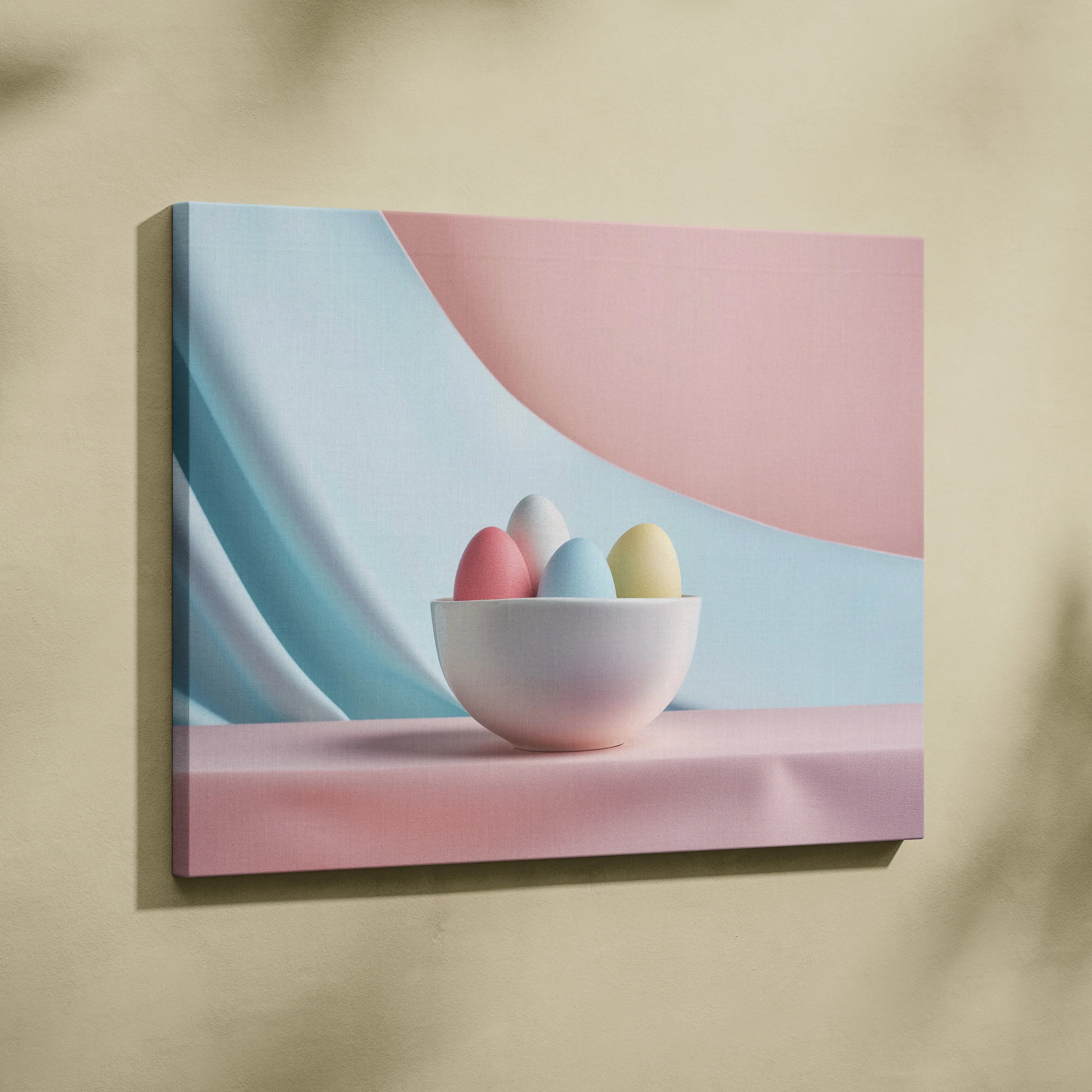 Minimalist canvas wall art featuring pastel Easter eggs in a white bowl with soft pink and blue background decor.