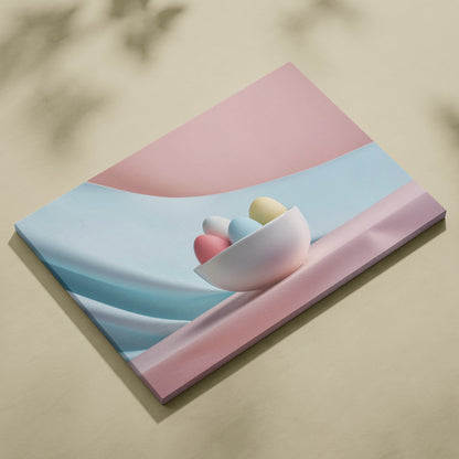Minimalist canvas wall art featuring pastel Easter eggs in a white bowl with soft pink and blue background decor.