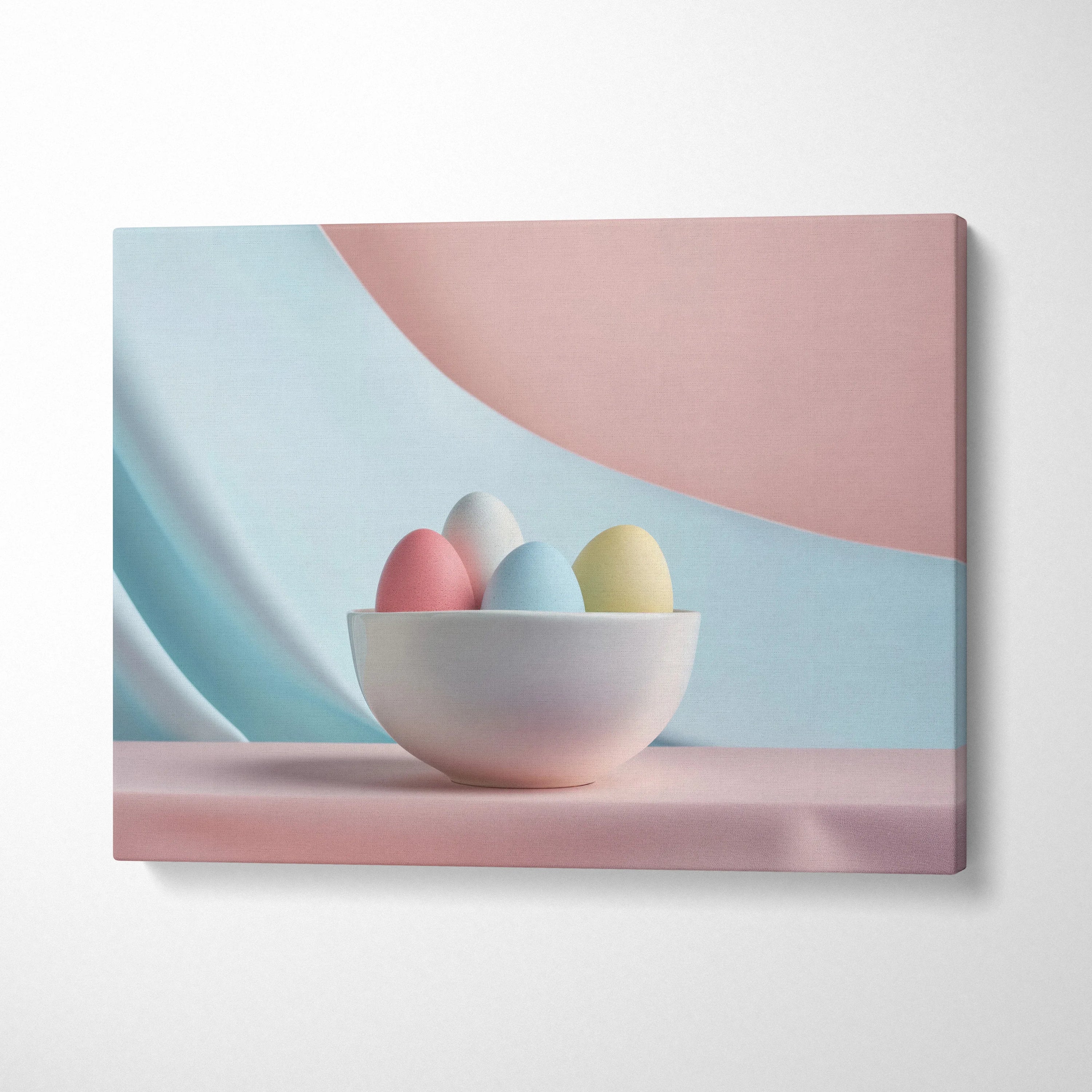 Minimalist pastel Easter eggs in white bowl on soft pink and blue background canvas wall art decor.