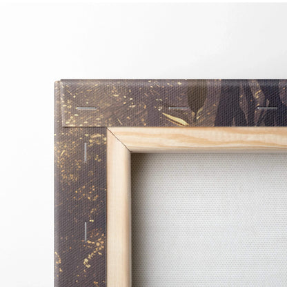 Close-up of wooden frame corner on cherry blossom floral canvas wall art decor with textured beige background.