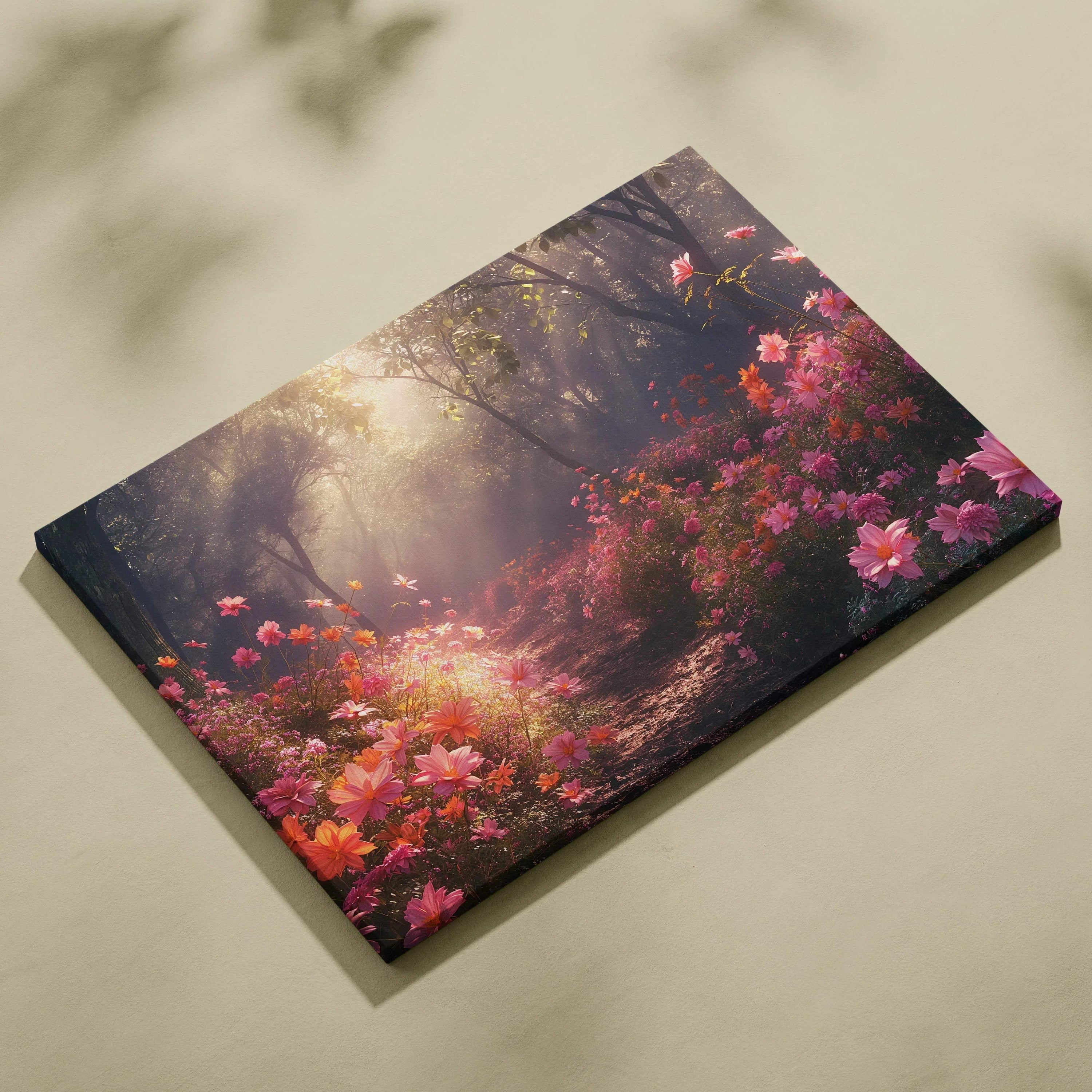 Canvas wall art featuring vibrant pink cherry blossoms in a sunlit forest scene with soft, atmospheric lighting.