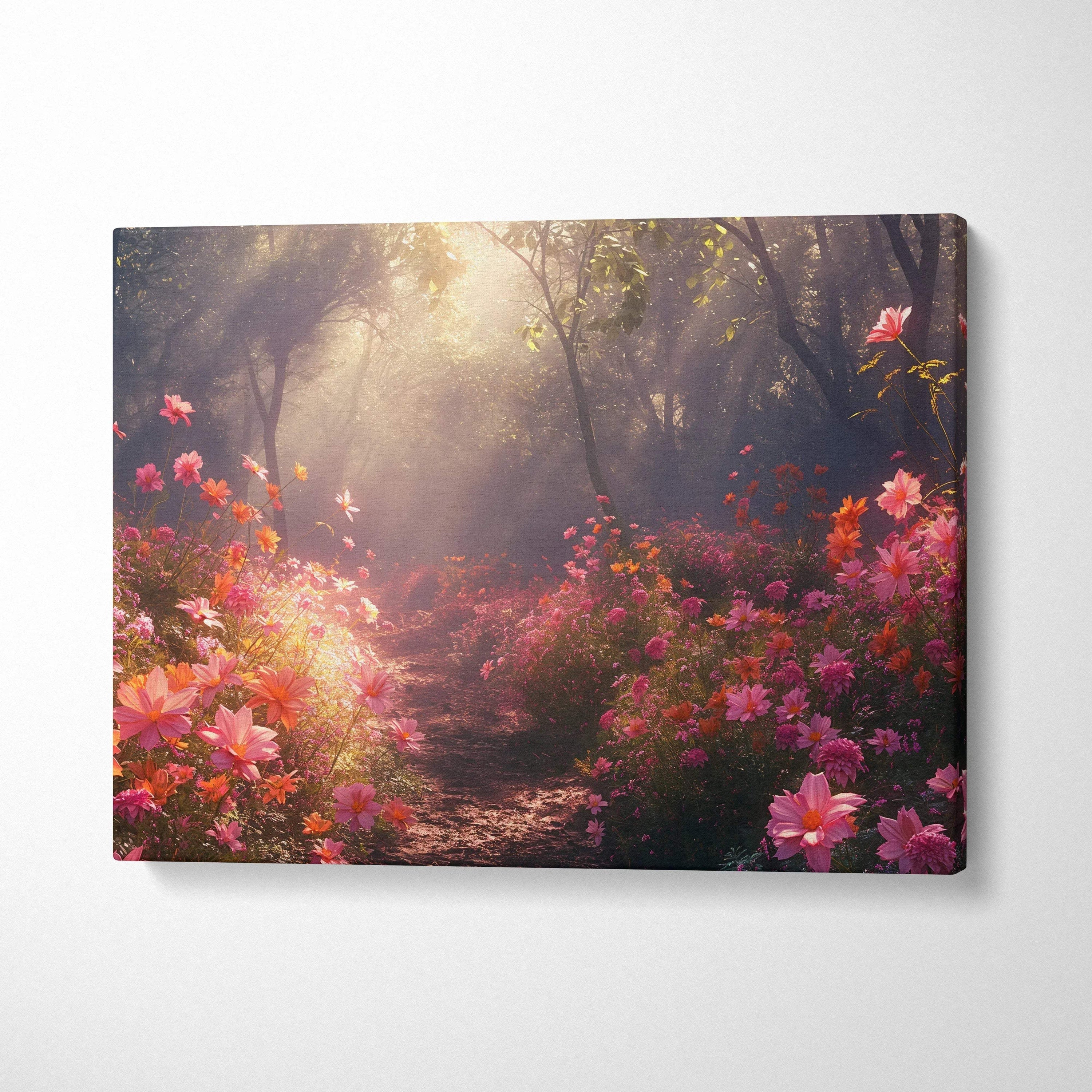 Cherry blossom floral canvas wall art with glowing sunlight and forest path decor.
