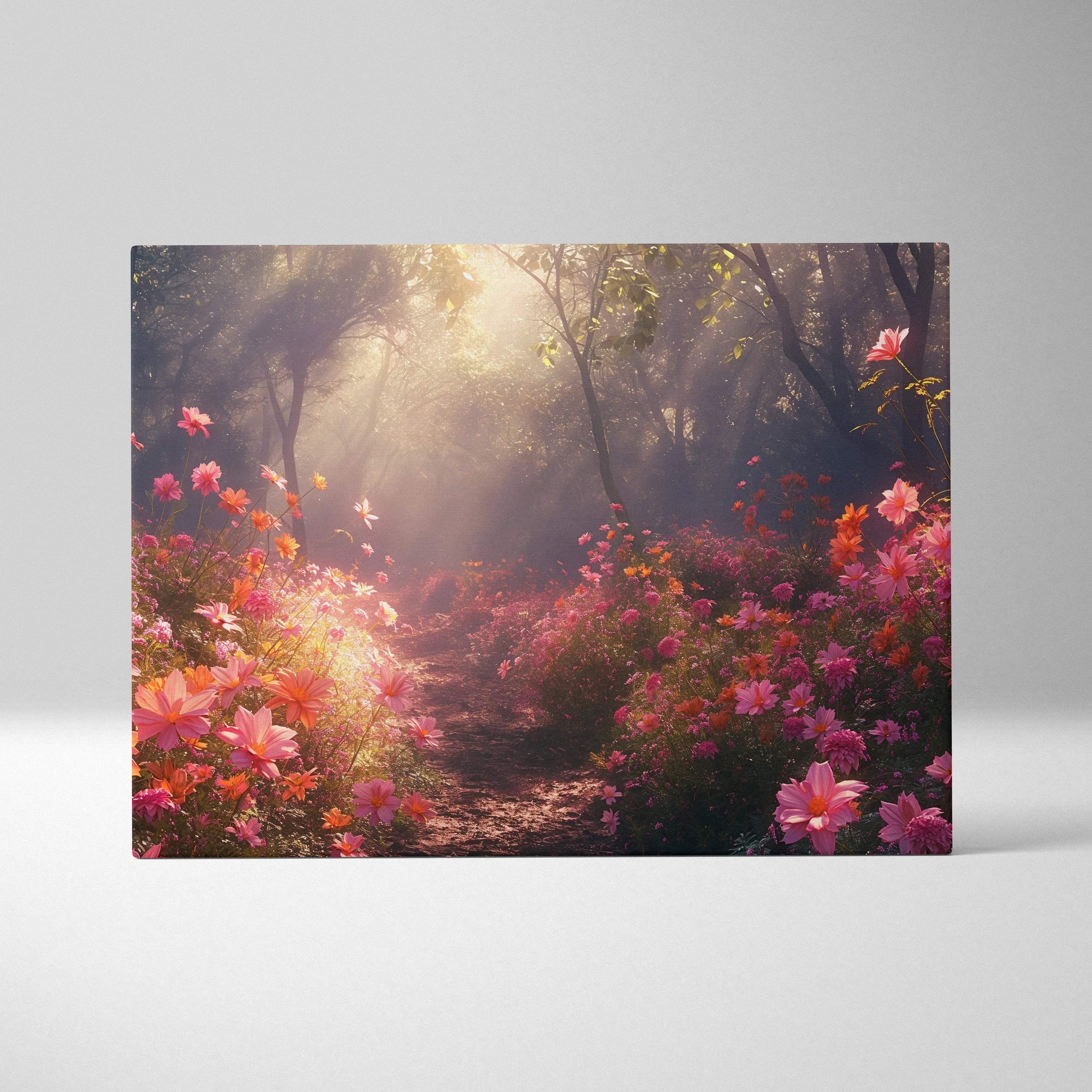 Canvas wall art depicting a sunlit forest path with vibrant pink cherry blossom flowers and soft mist.