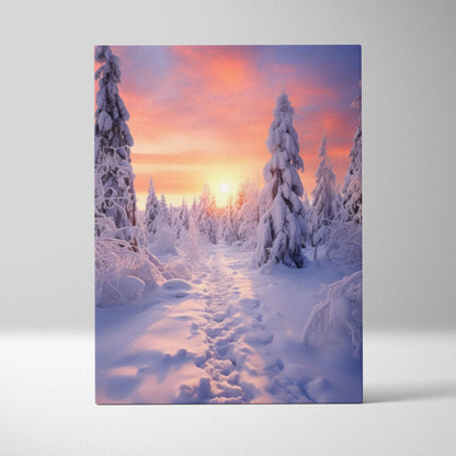 Vertical canvas wall art of snowy pine trees with a vibrant winter sunset sky for home decor.