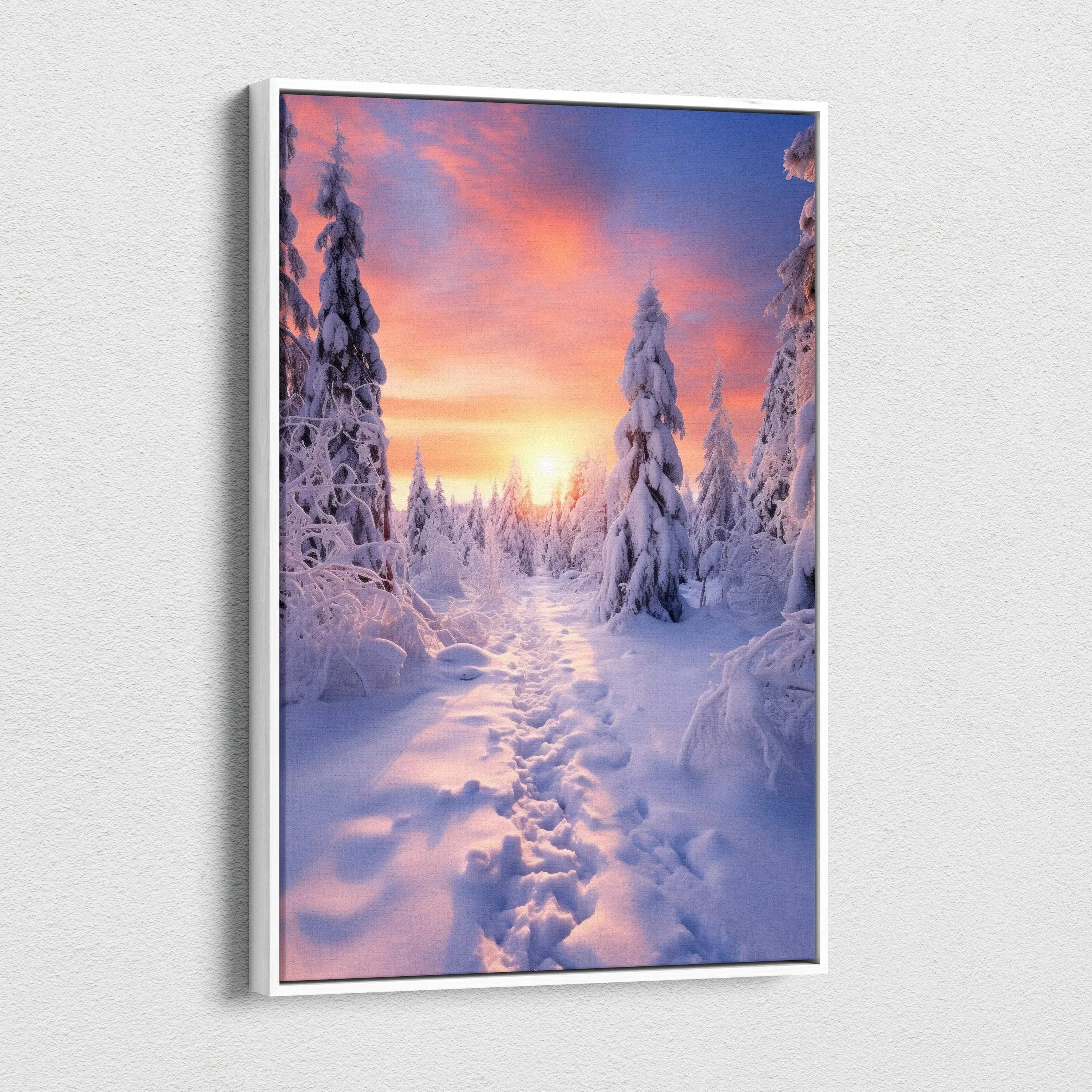 Canvas wall art featuring a snowy forest path at sunset with vibrant pink and orange skies, perfect for home decor.