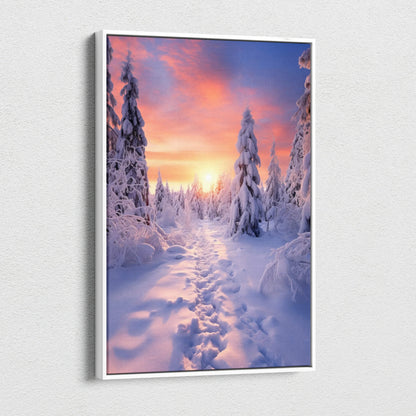 Canvas wall art featuring a snowy forest path at sunset with vibrant pink and orange skies, perfect for home decor.