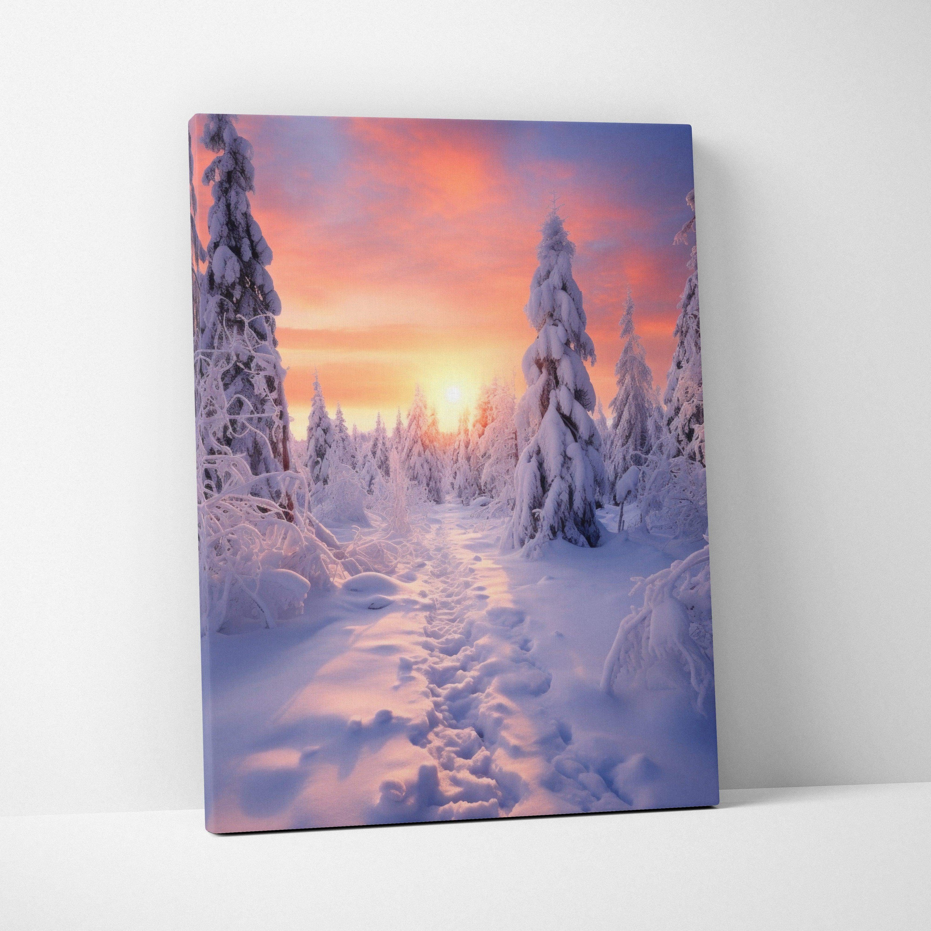 Canvas wall art featuring a snowy forest path with tall pine trees under a warm orange and purple sunset sky.