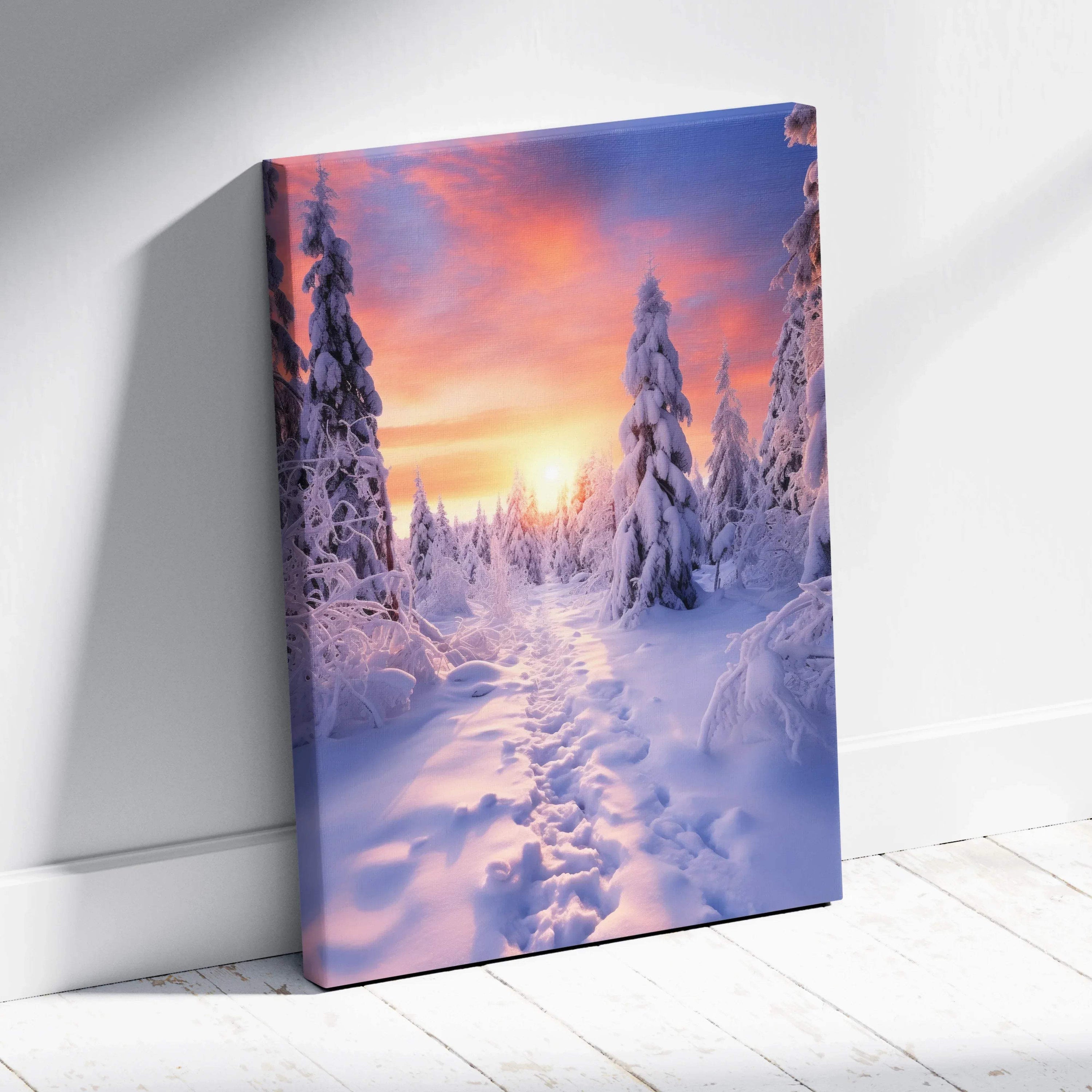 Canvas wall art featuring a snowy forest path at sunset with vibrant pink and orange sky, perfect for home decor.