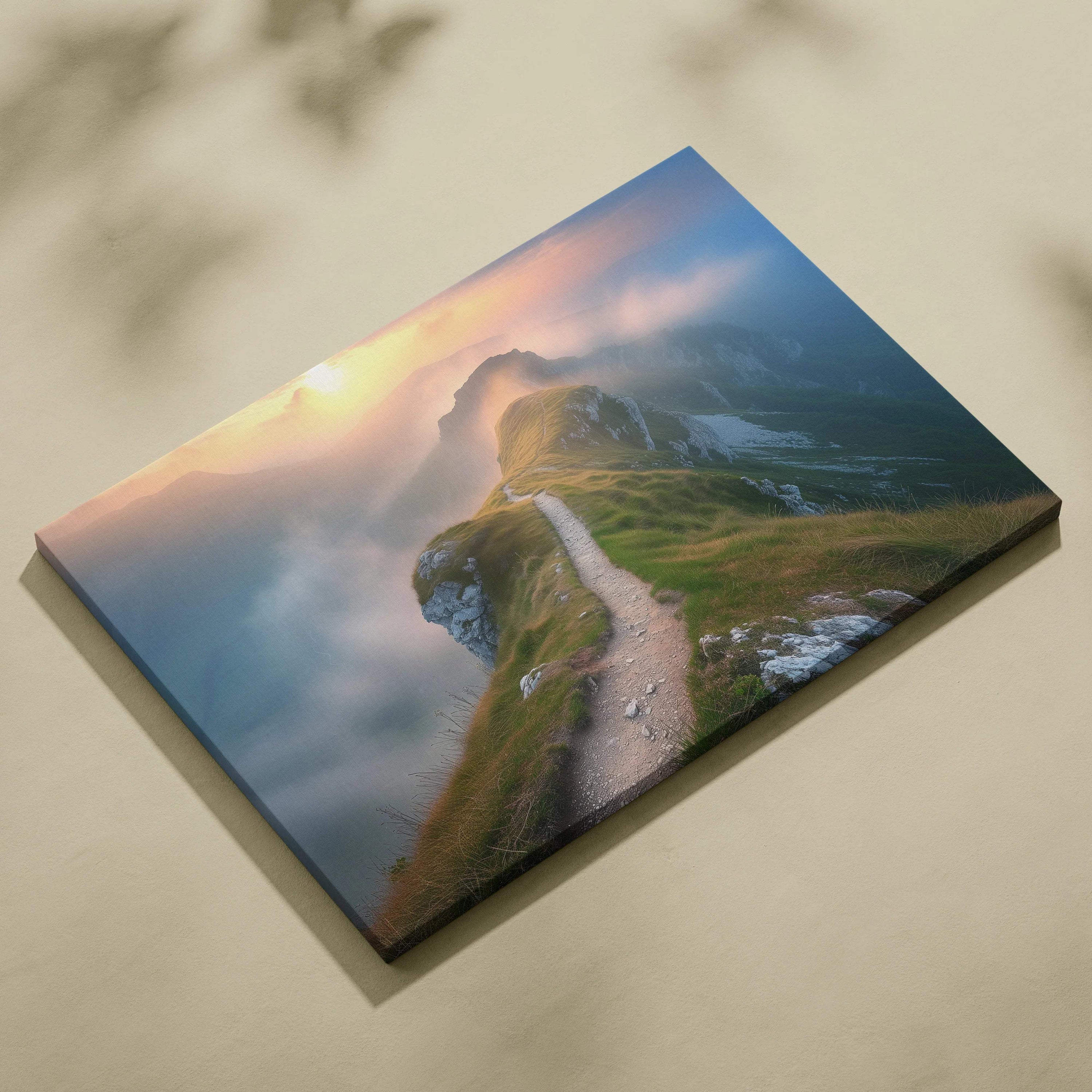 Canvas print of misty mountain ridge trail at golden sunset over valleys