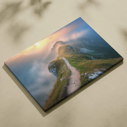 Canvas print of misty mountain ridge trail at golden sunset over valleys
