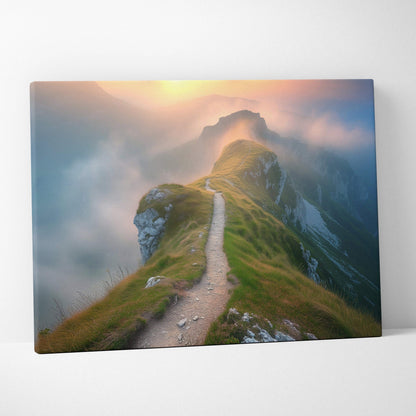 Canvas print of misty mountain ridge at golden sunset over valleys