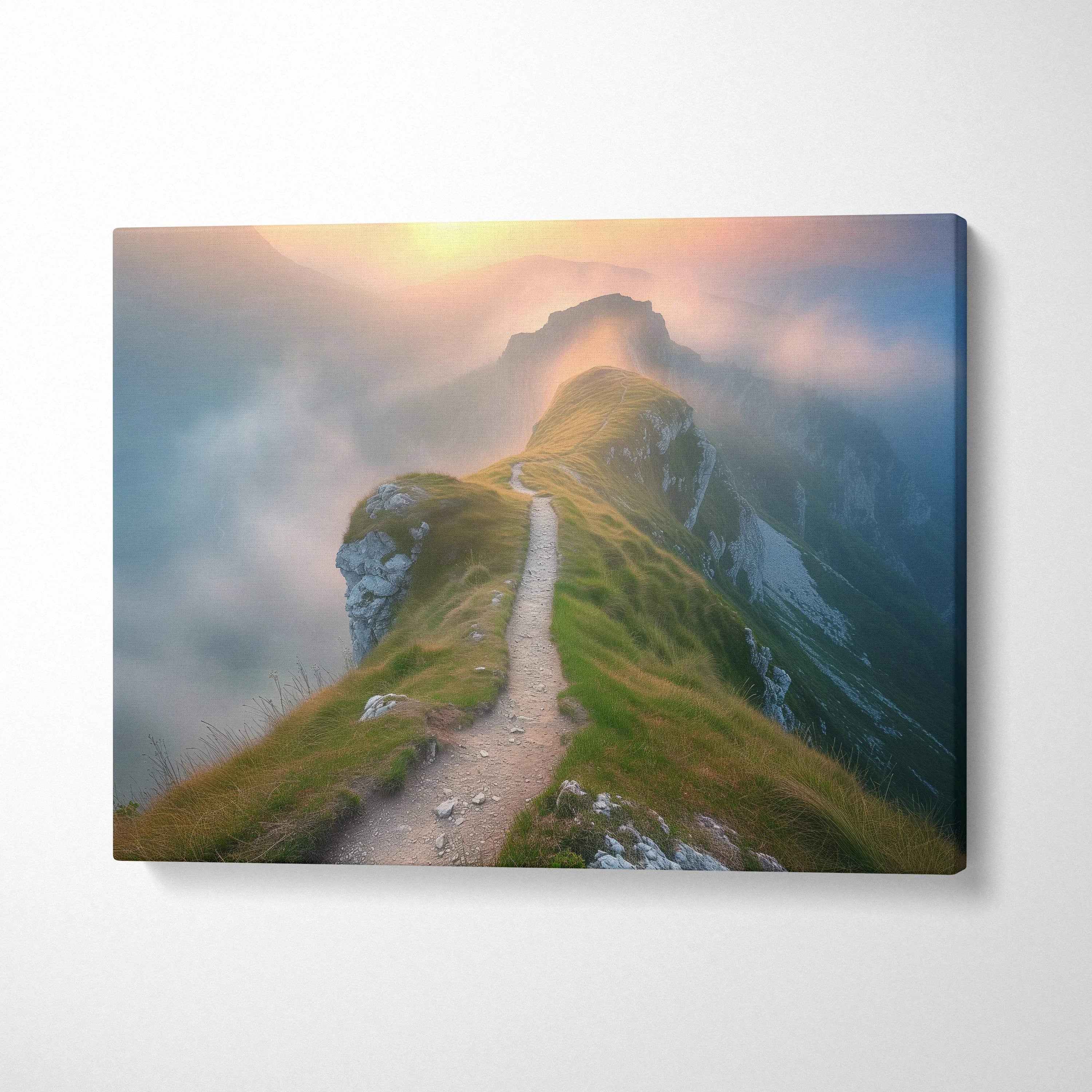 Canvas print of misty mountain ridge trail at golden sunset over valleys