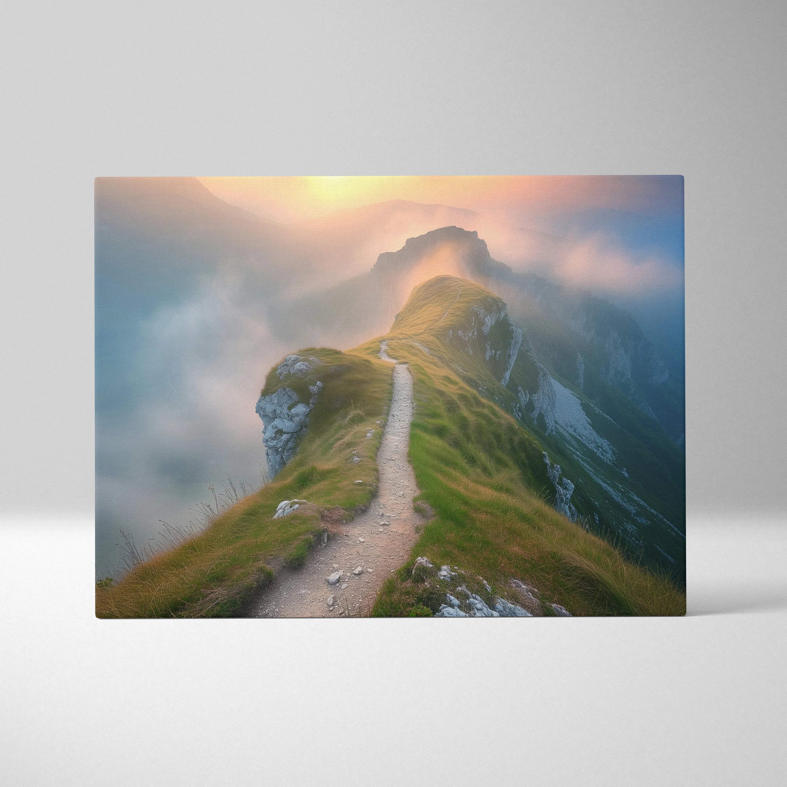 Canvas print of misty mountain ridge at golden sunset over valleys