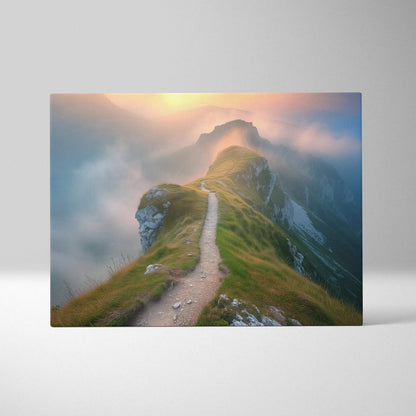 Canvas print of misty mountain ridge at golden sunset over valleys
