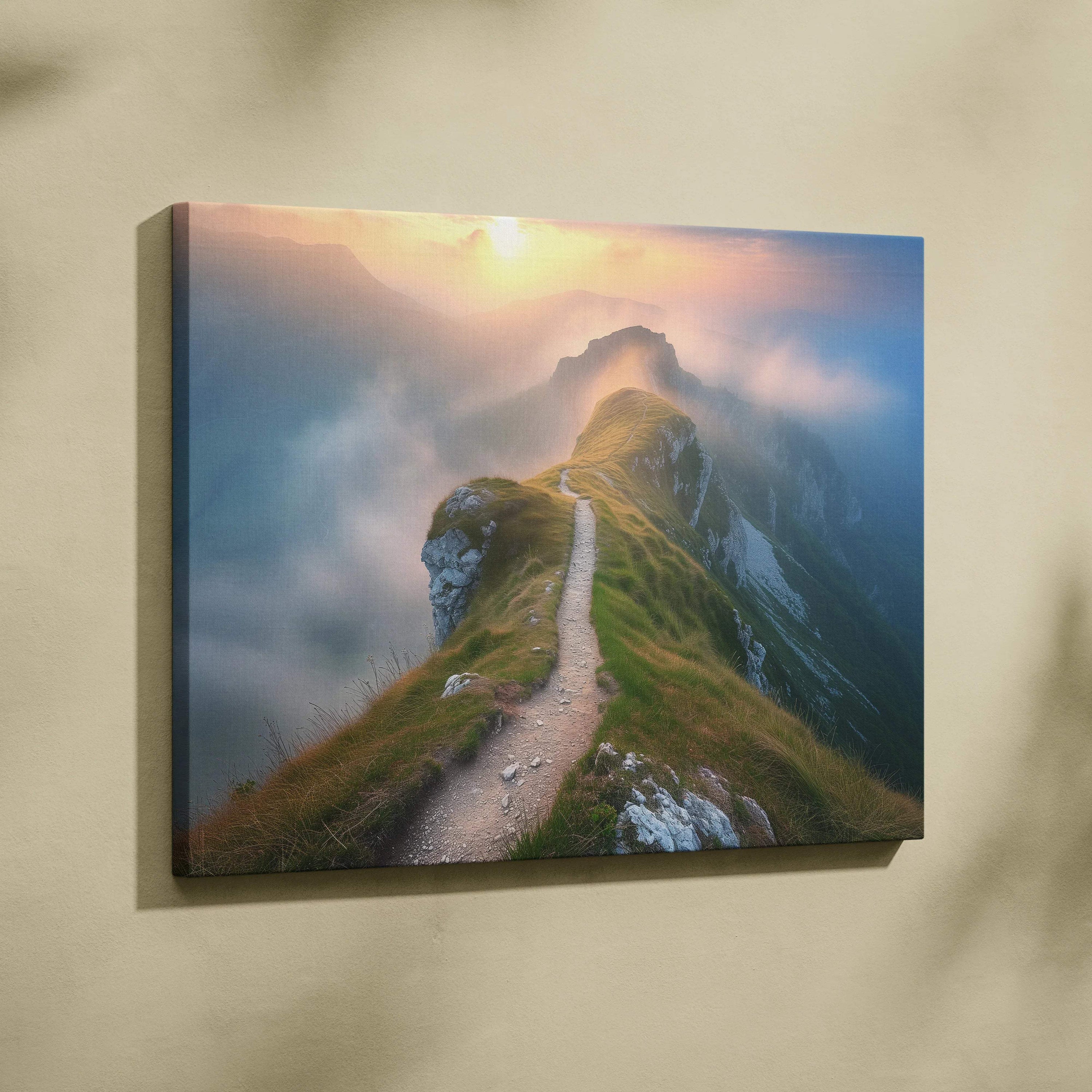 Canvas print of misty mountain ridge trail at golden sunset over valleys