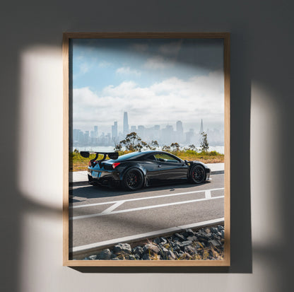 Ferrari 458 Italia GT3 black race car on road cityscape background poster wall art.